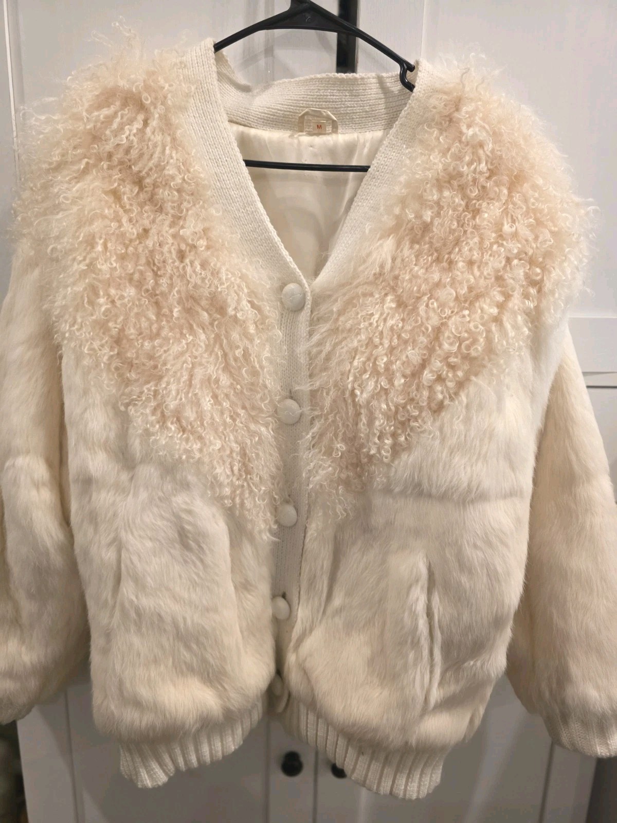 VTG Real Kid Goat Fur & Lamb Shearling Bomber Jacket Cream M Mixed Fur Knit