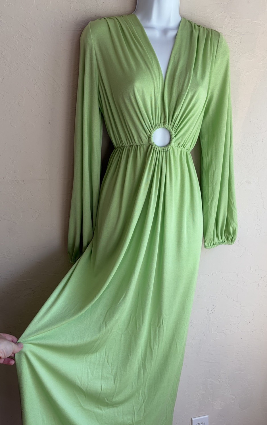 Vintage 1970s Gloria Moret Lime Green Maxi Dress S M Cut Out Disco Goddess Gown