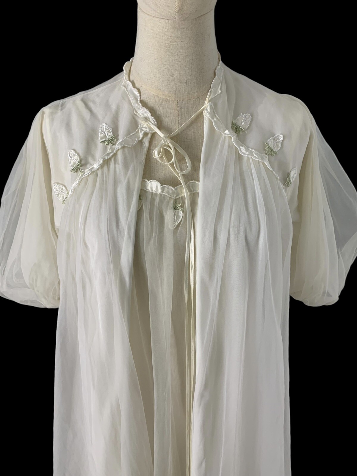 VTG Gotham gold stripe peignoir robe gown babydoll nylon slip roses chiffon 60s