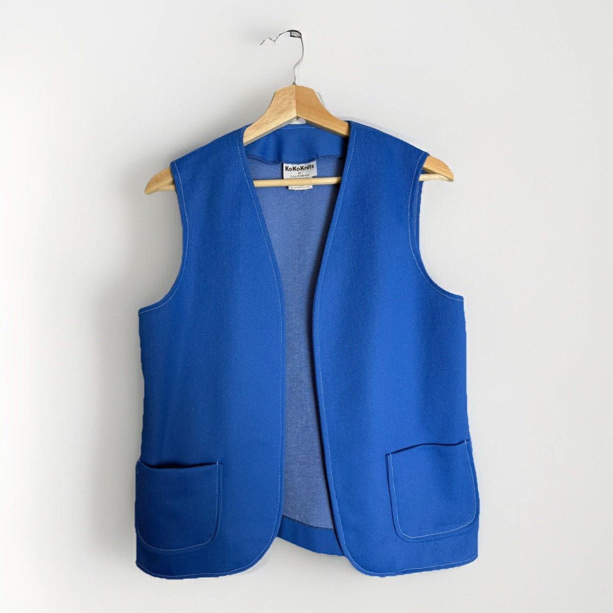 Vintage 70s KoKoKnits California Royal Blue Open Front Knit Vest, Size 10