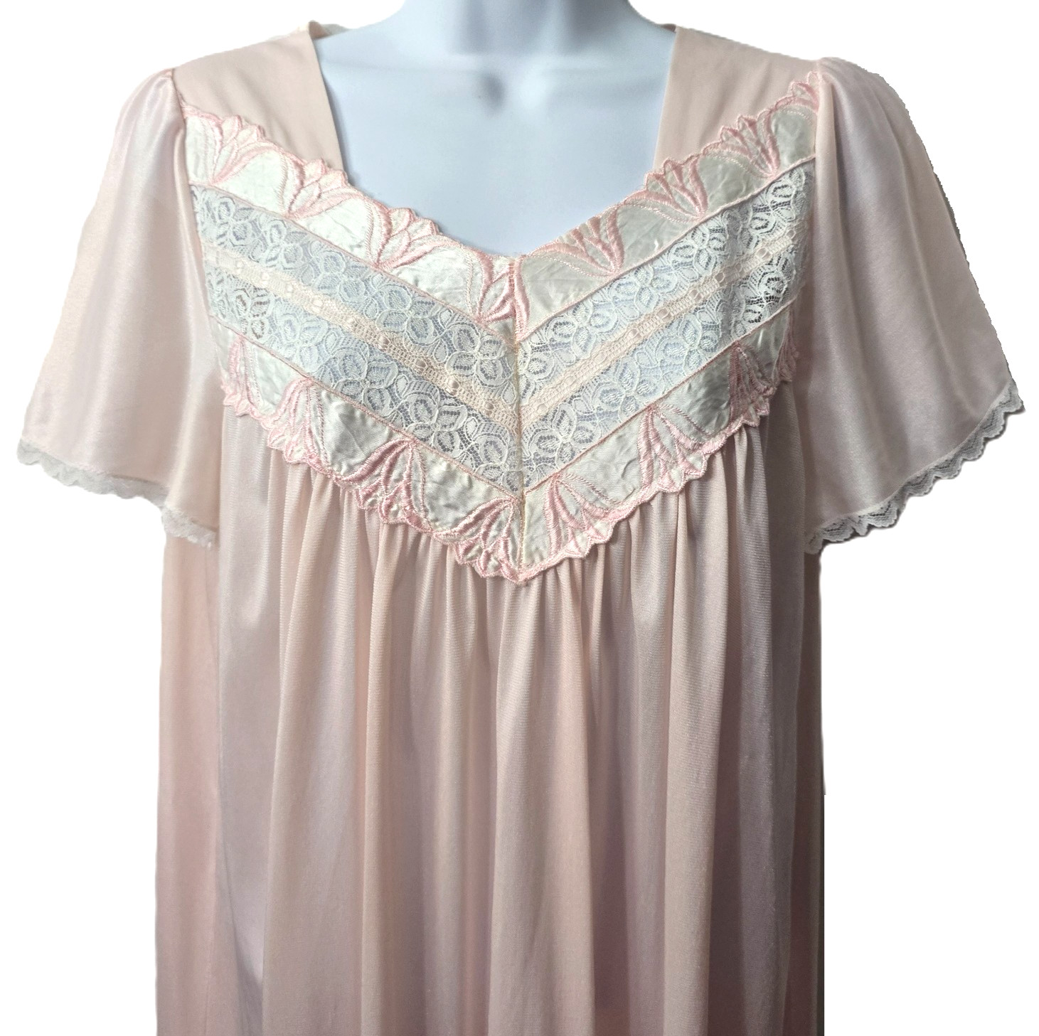 Vintage Lady Cameo Night Gown M L Maxi Dress Nightie Pink Lace Sheer Nylon Satin