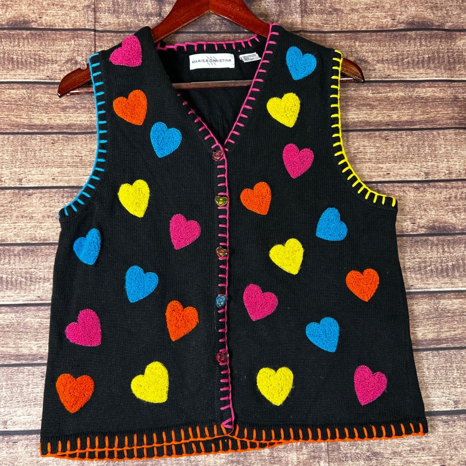 Marisa Christina Vintage Heart Patch Sweater Vest Black Multi Color Buttons M