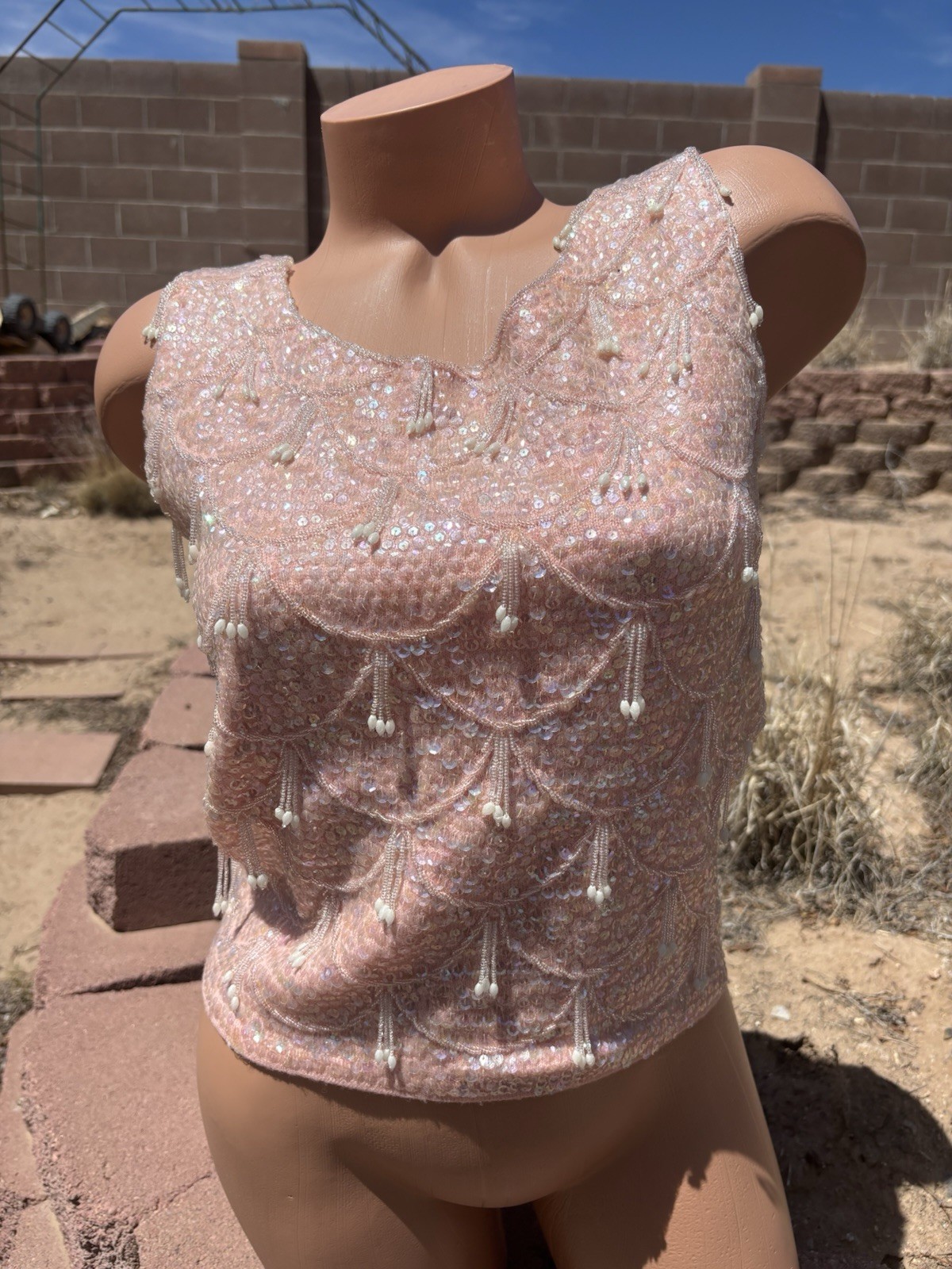 Vtg 50s Wool Sequins Beads Cocktail Party Deco Top Pink Mod Dress Blouse S 38”