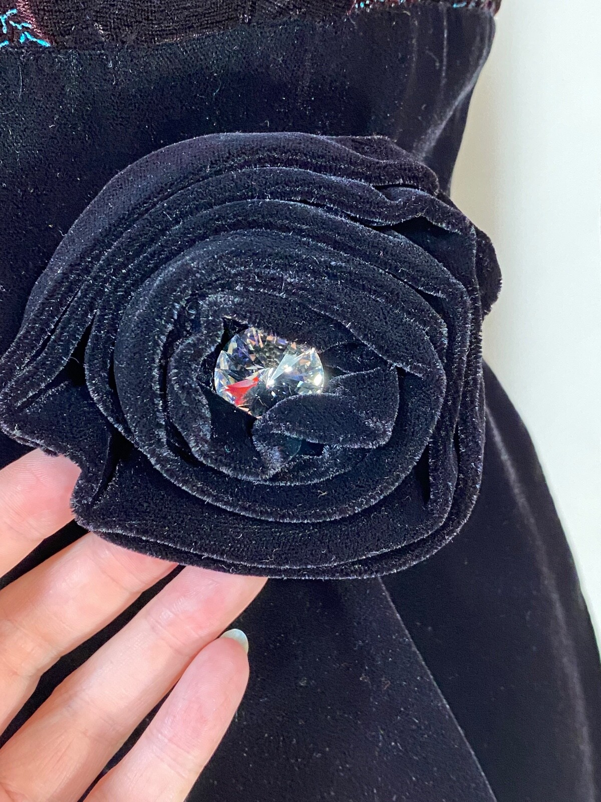 Vintage late 1980’s-90’s little black velvet cocktail dress w/fabric rose detail