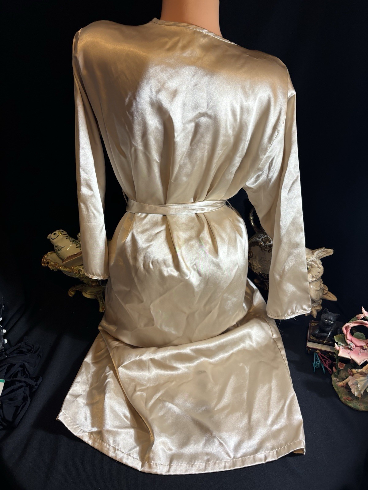 Vtg Soft Satin Nightie Long Dressing gown Soft Nightie Frilly Dress Robe Gold