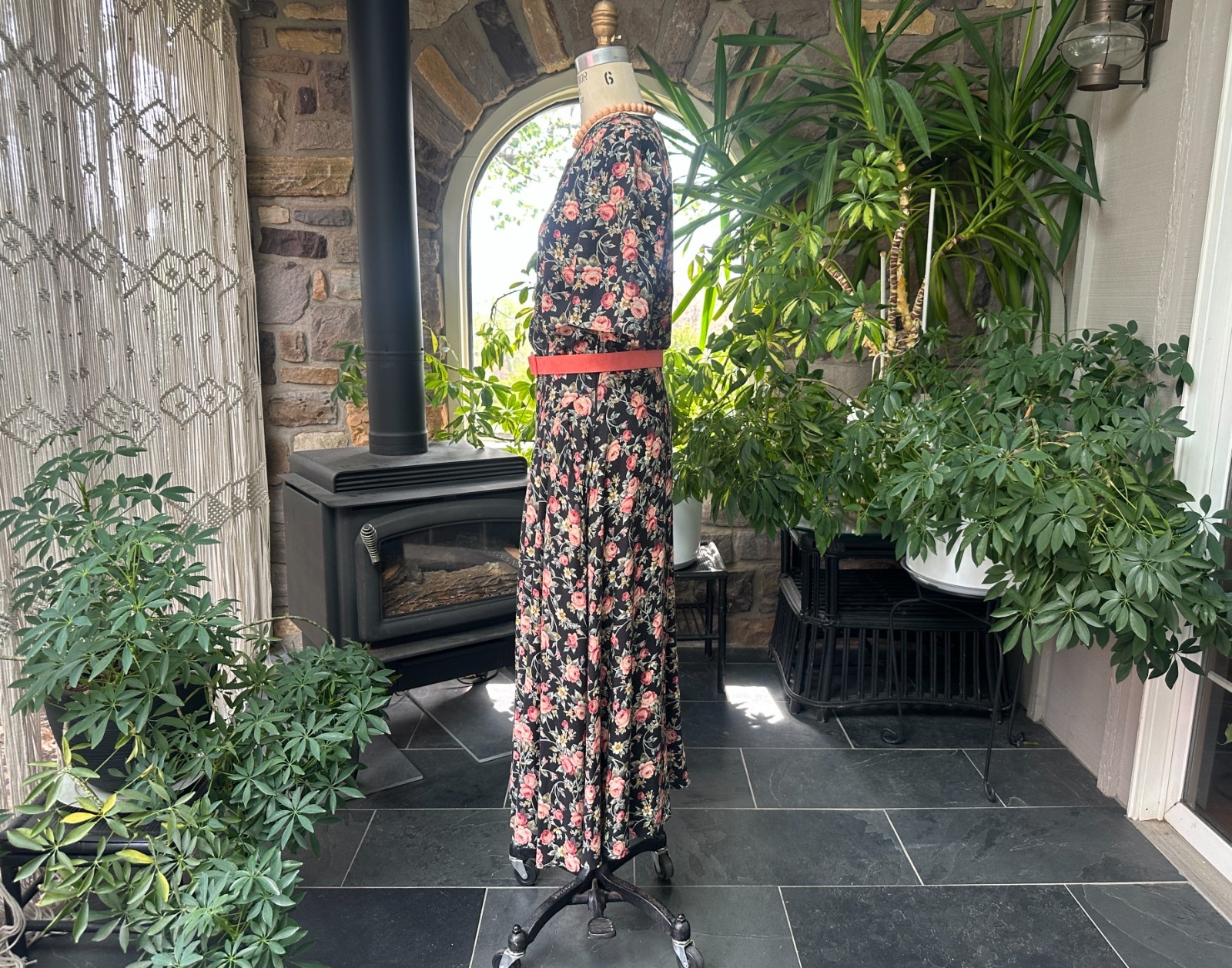 Vintage 1980s Black Pink Green Floral Rayon Dress