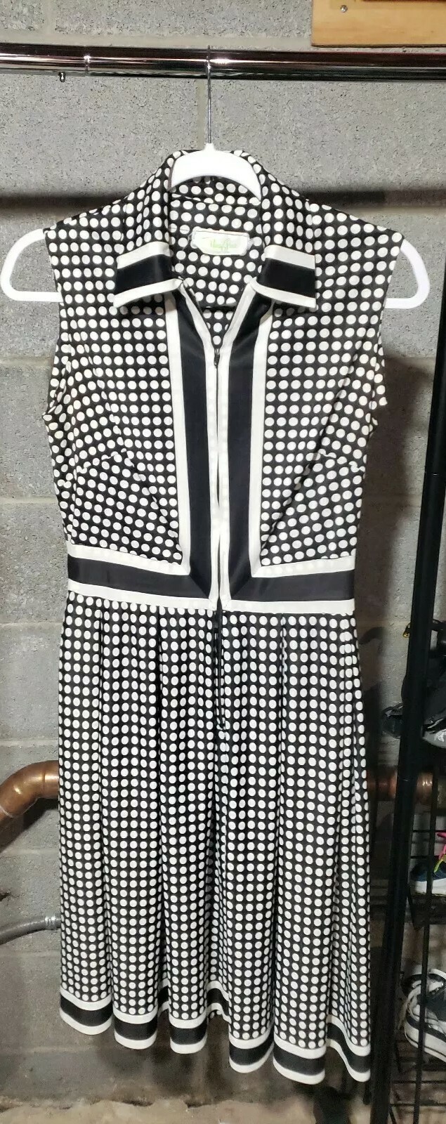 Vtg 1960s Designer Nancy Greer New York Zip Polka Dot Black White Dress Sz 10/12