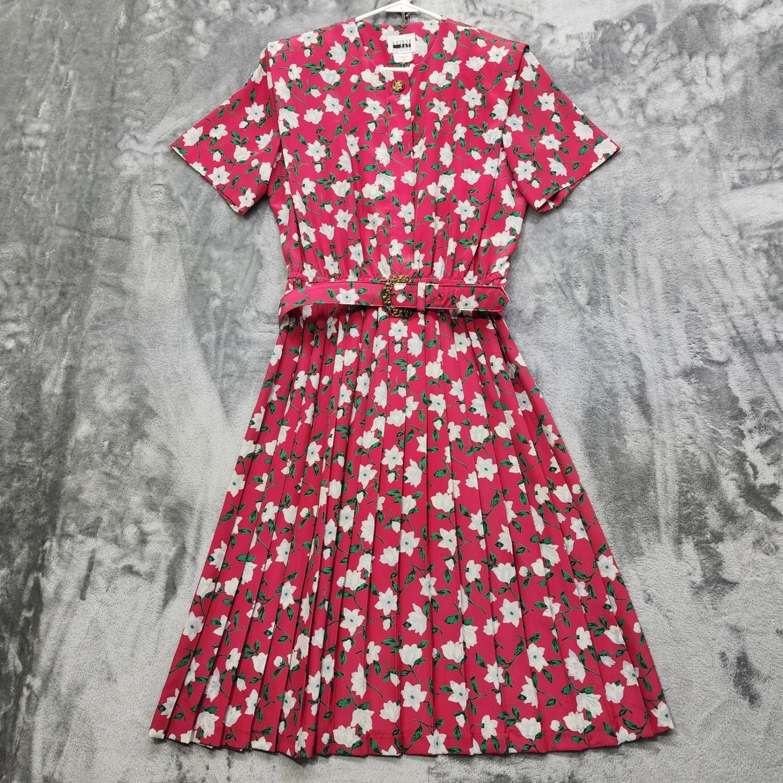Vintage Leslie Fay Dress Womens 12P PETITE Pink White Floral Pleated Belted Midi