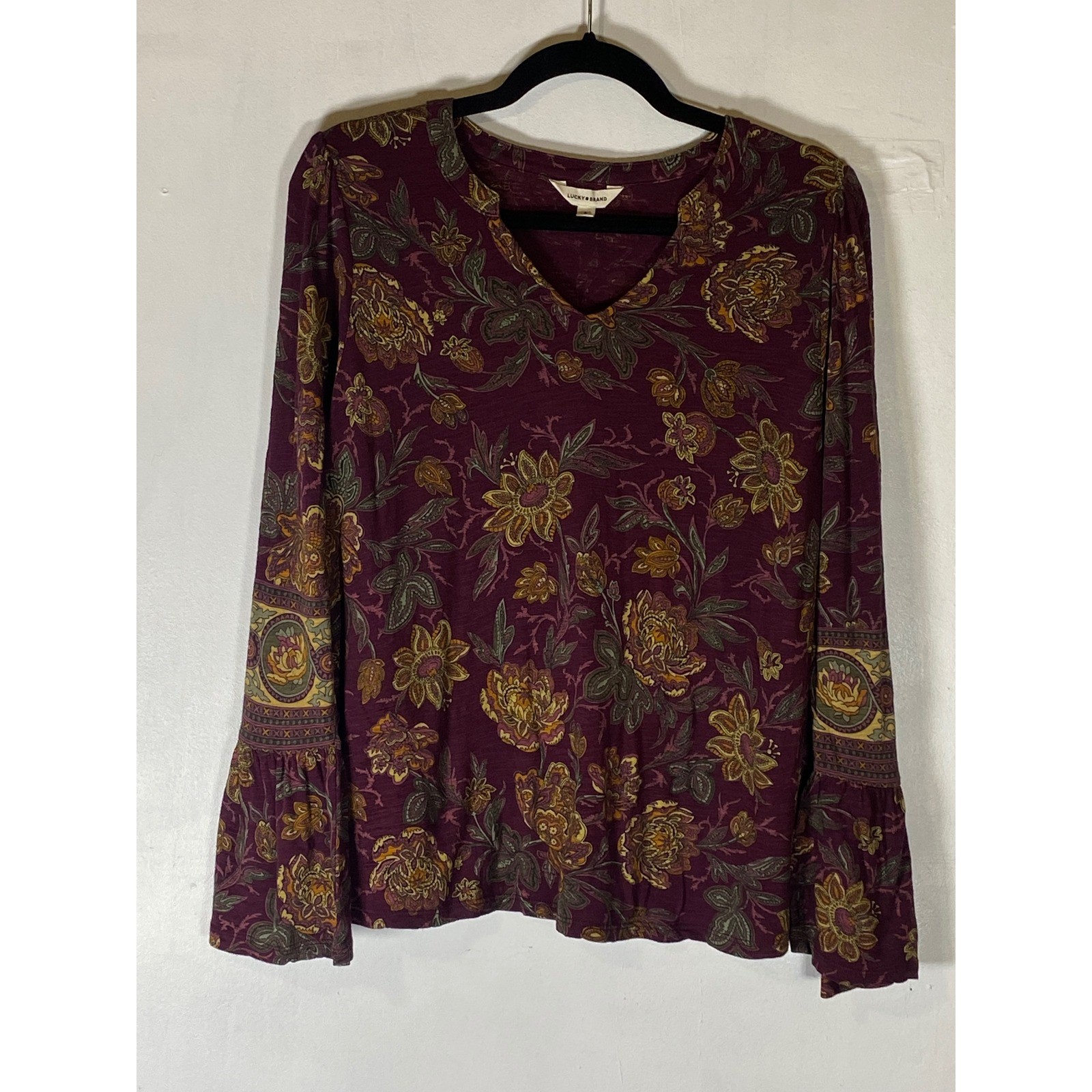 Lucky Brand Small Boho Floral Bell Sleeve V Neck Peasant Blouse Top Burgundy