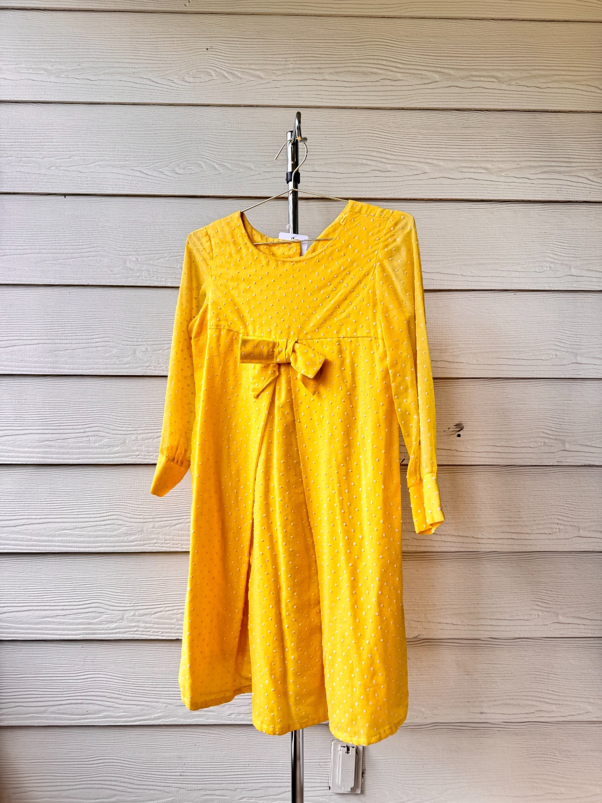 Vintage 60s Yellow Long Sleeve Babydoll Dress w/Swiss dots and empire waist bow