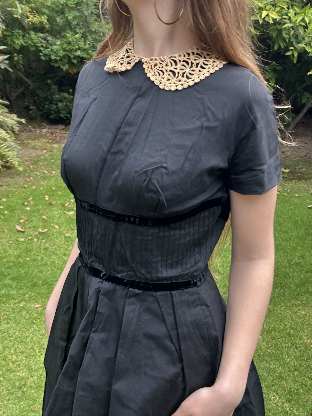True Vintage 50s S Maggi Stover Peter Pan Lace Collar Dress Pleated Black