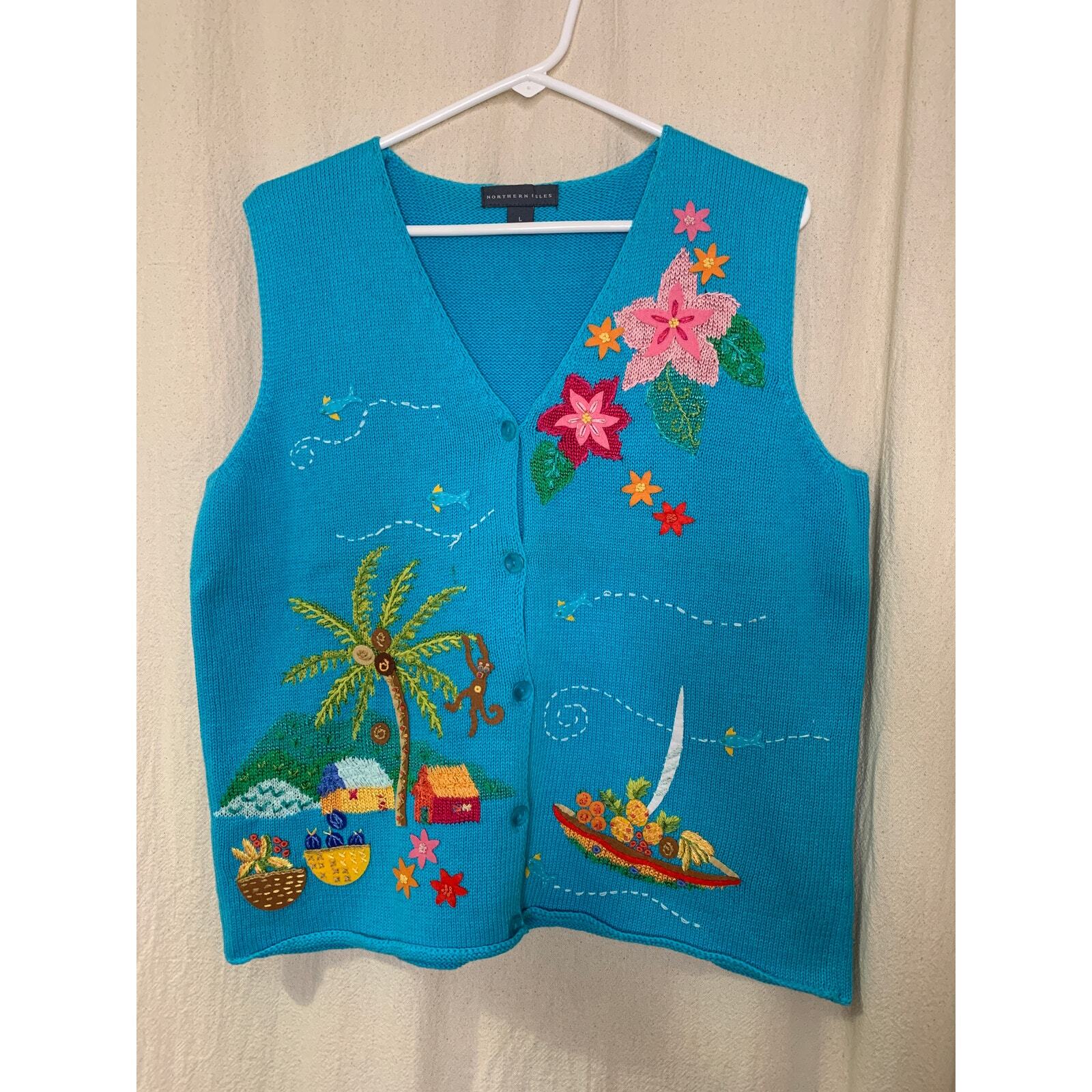 1990s Northern Isles Tropical Beach Island Resort Granny Teacher Sweater Vest L