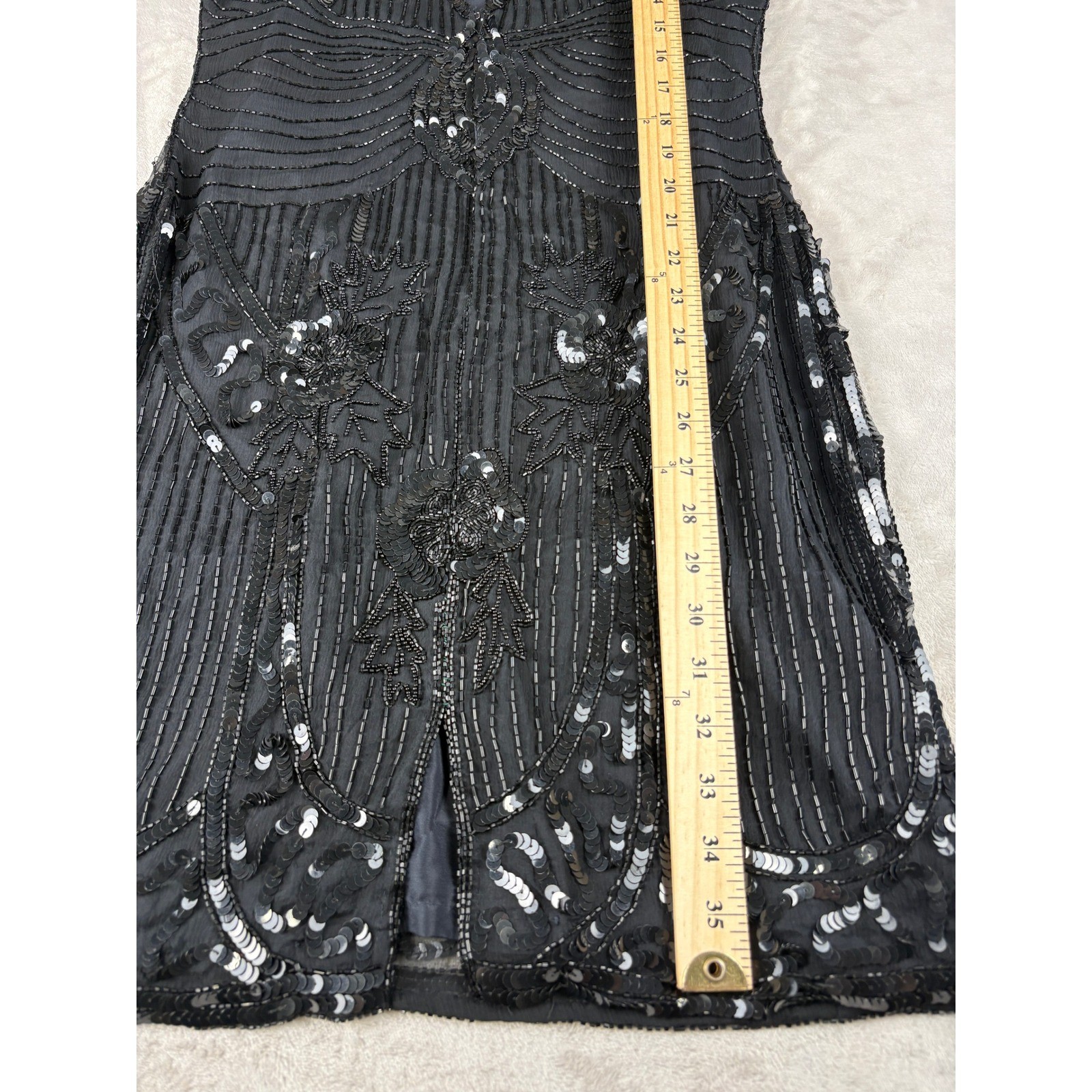 Vintage Carina Black Pure Silk Beaded Sequin Art Deco Flapper Mini Dress Medium