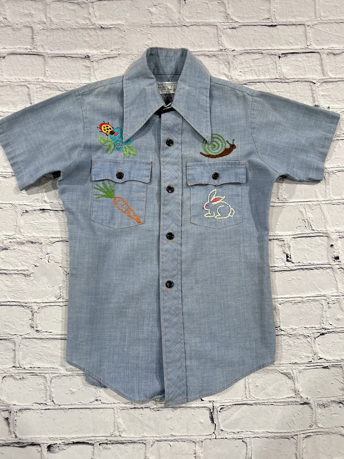 Vtg JCPenney Big Mac Chambray Palm Tree Beach Lady Bug Embroidered Work Shirt