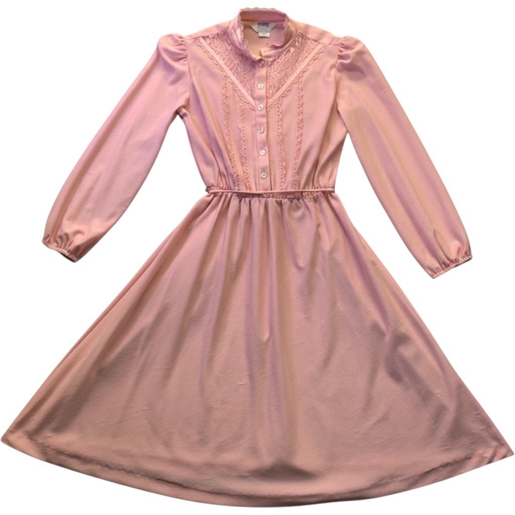 Vintage Montgomery Ward Pink Lace Midi Dress Victorian Prairie Long Sleeve 8P