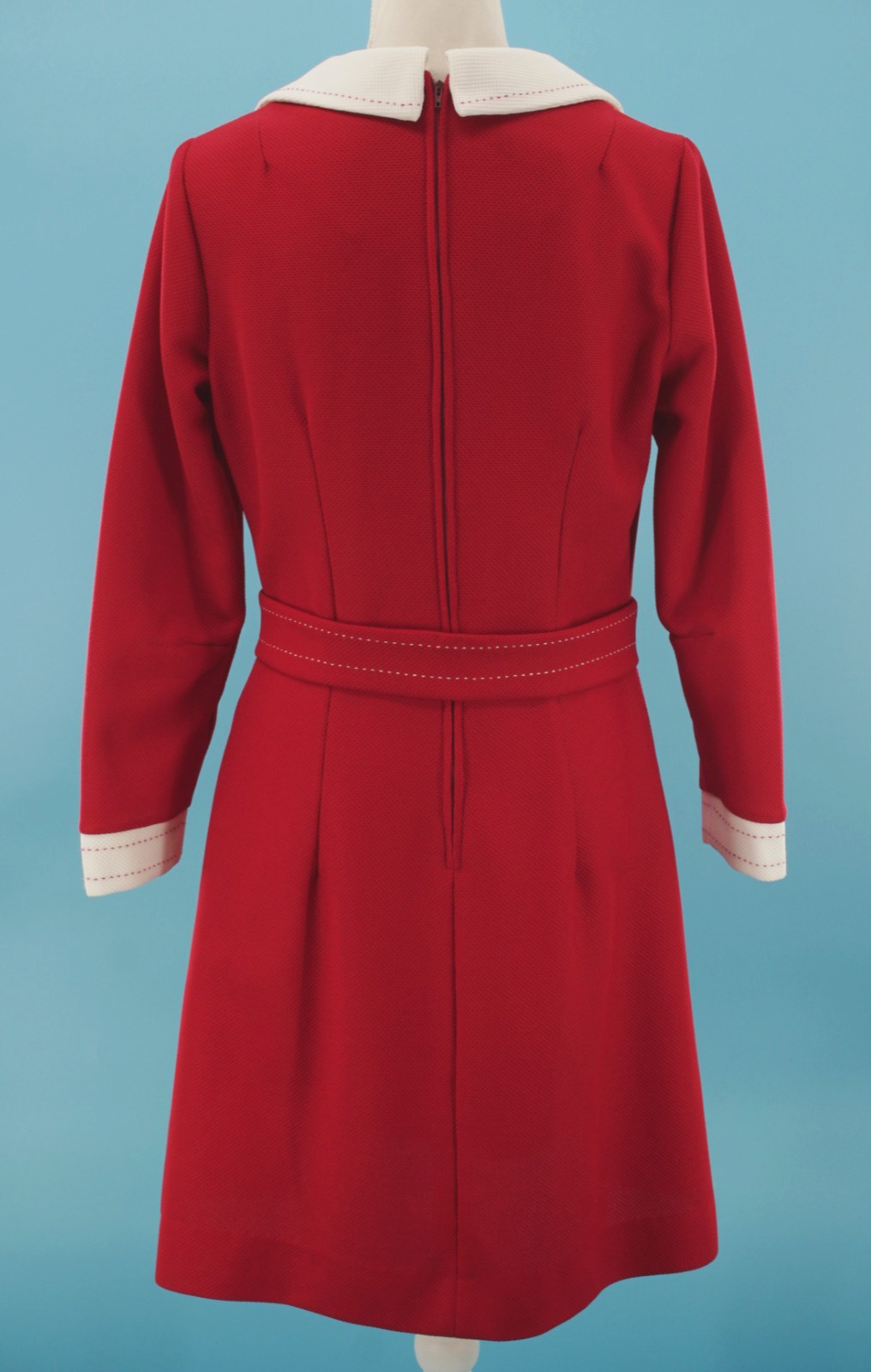 VTG Womens 60s Dark Red Long Sleeve Mini Dress W/ White Collar & Cuffs S/M 1960s