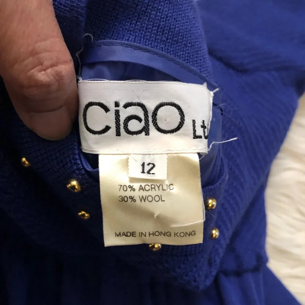 Vintage 70s 80s CIAO Ltd Wool Preppy Gold Stud Cobalt Midi Knot Sweater Dress 12
