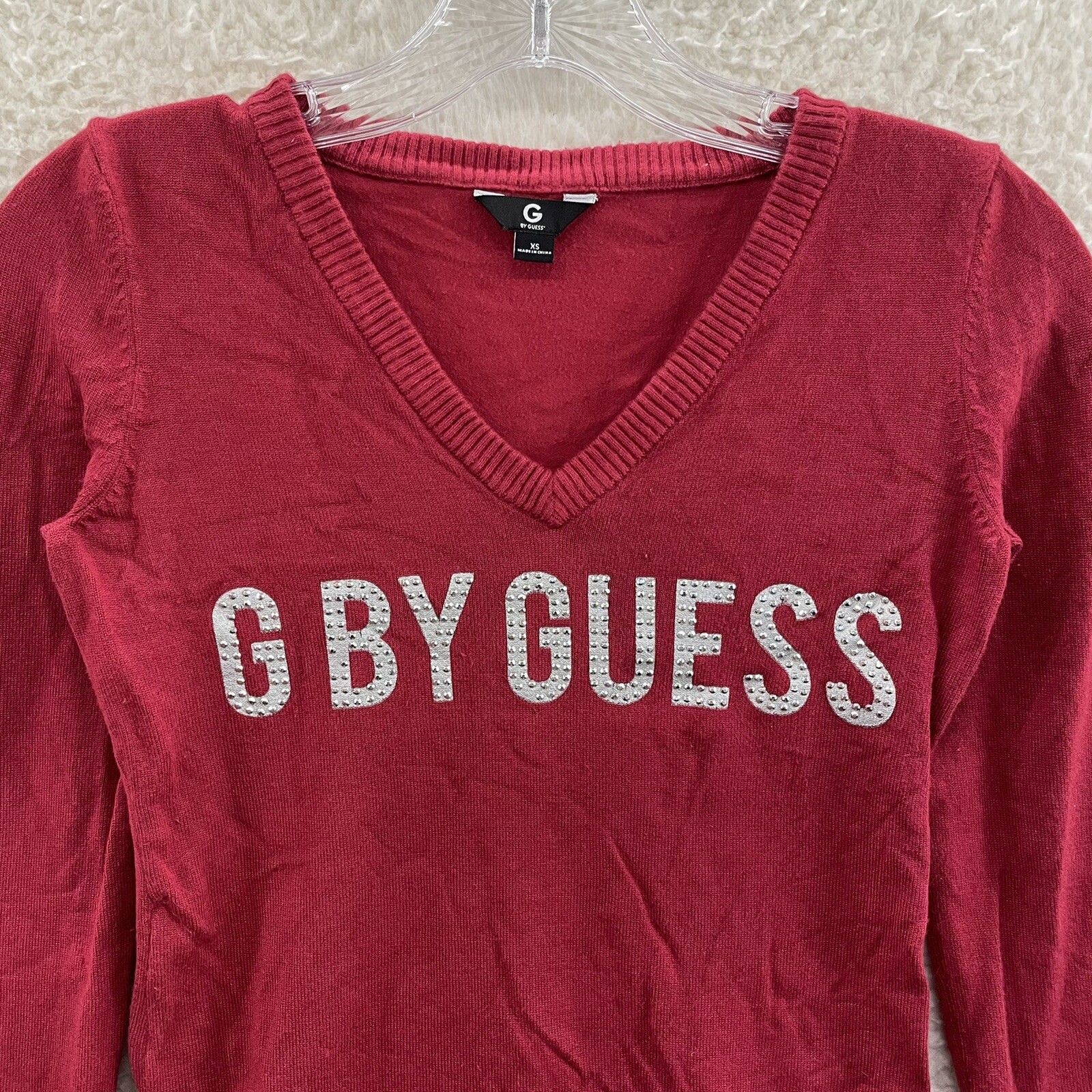 Y2K Vintage Guess Top XS Small Red Studded Logo Spellout Long Sleeve McBling