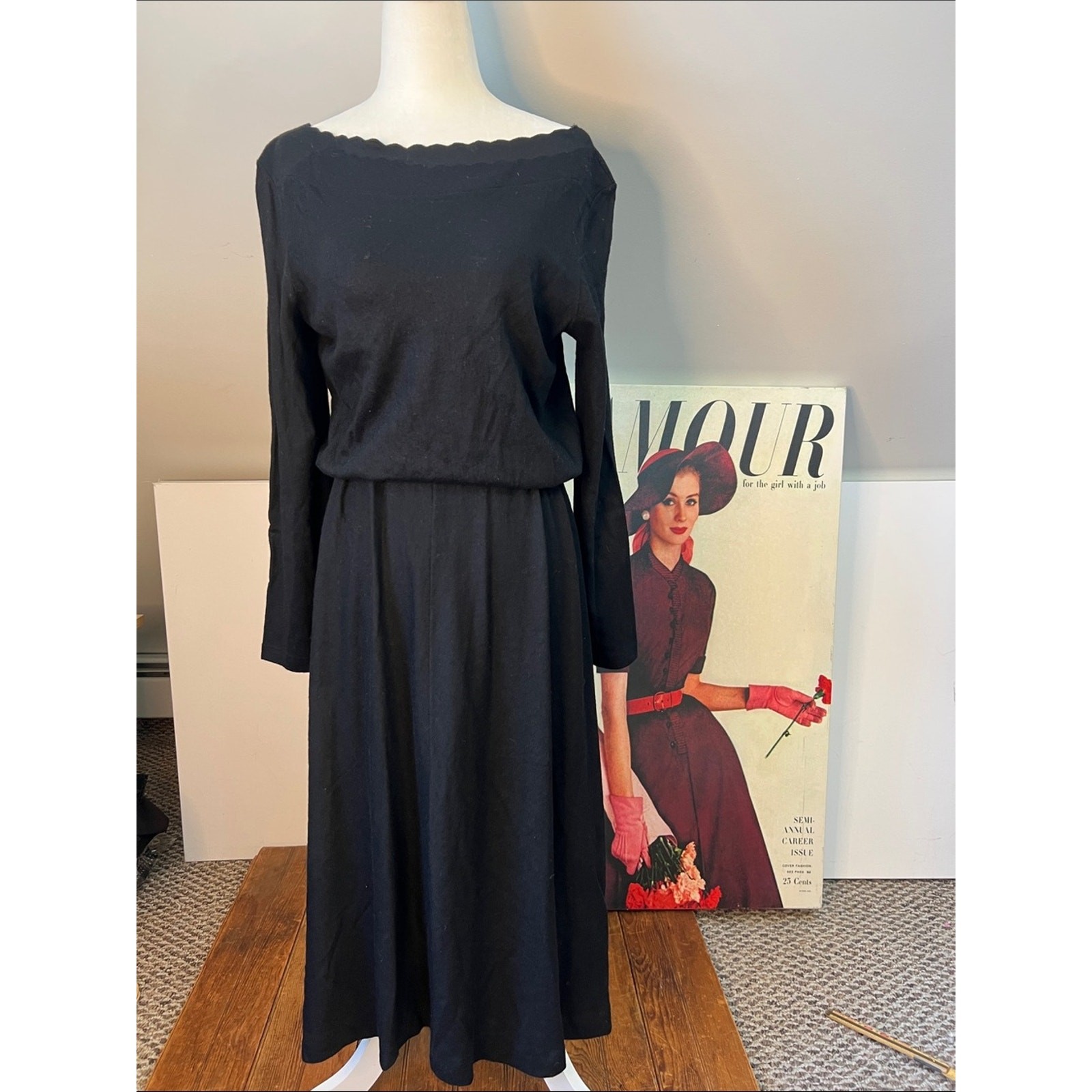 Vintage 1980s Classic Black Midi Dress Long-Sleeve wool rescue me