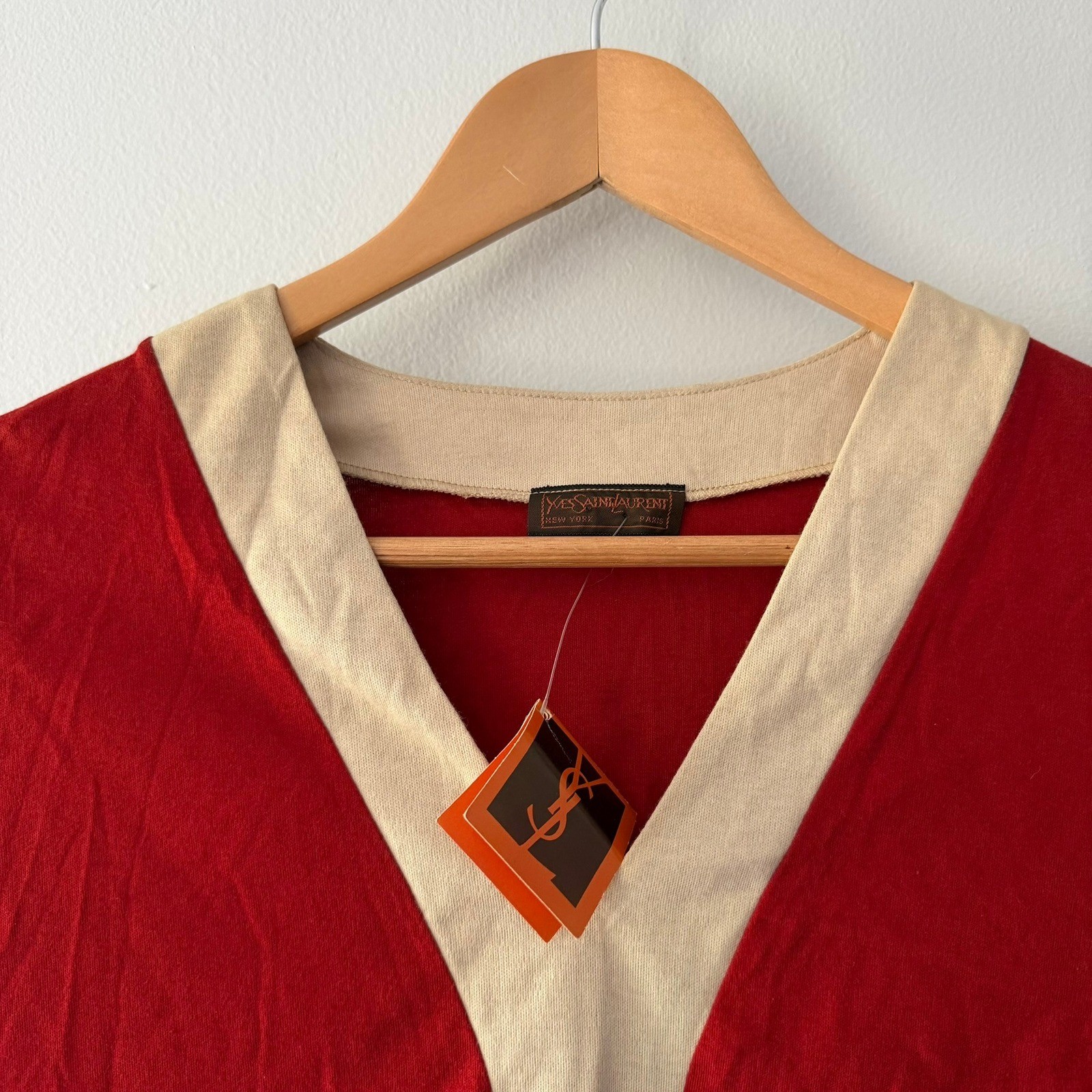 Vintage 1970s Yves Saint Laurent YSL Red V-Neck Long Sleeve Top NWT Small