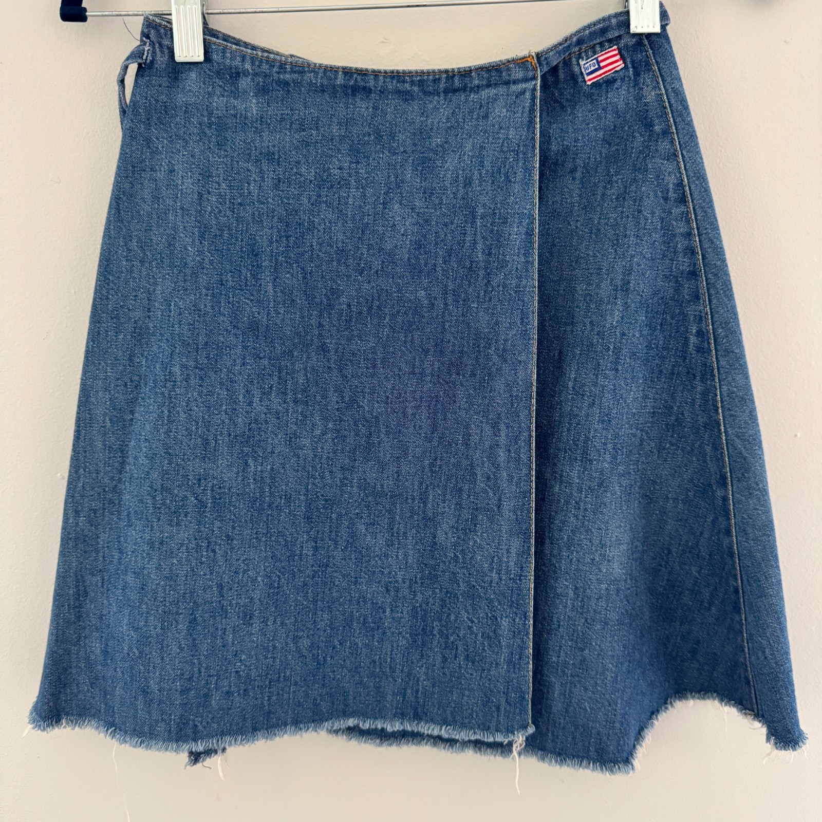 70s vintage UFO JEANS Denim Cut-off Wrap Mini Skirt USA NY American Flag Patch
