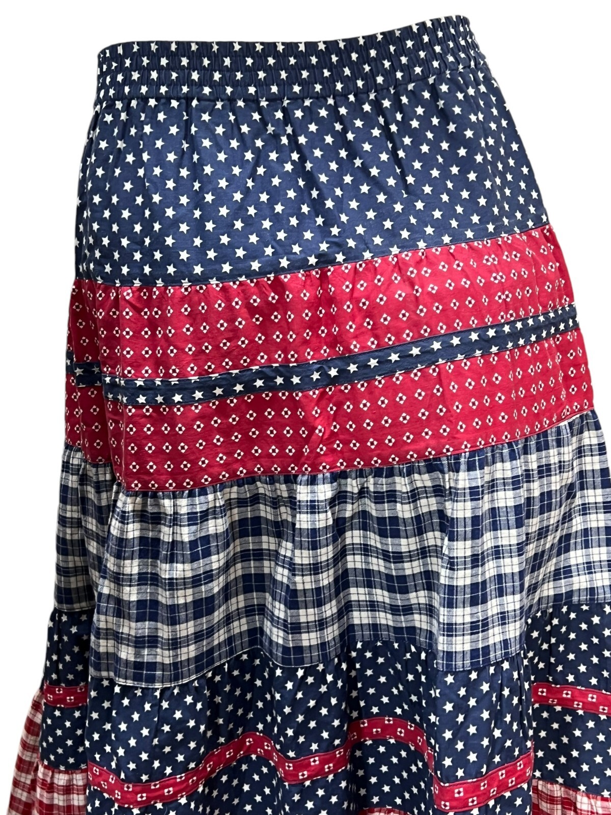 Vtg 90s Sz M R/W/B Tiered Maxi Skirt CottageCore Praire Cotton Prairie Cambridge