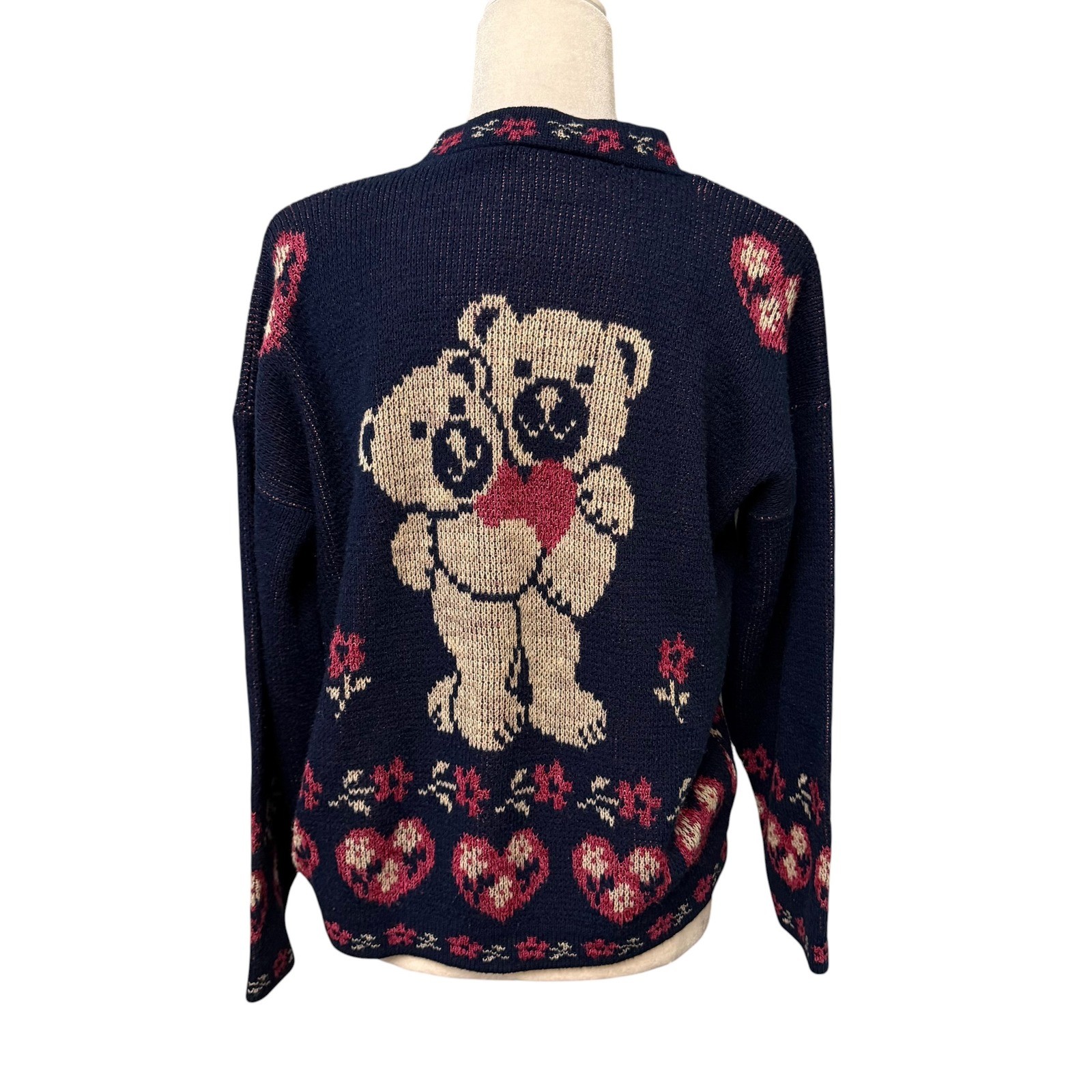 Vtg Adele Knitwear Sweater Womens L Teddy Bear Heart Graphic AOP Grannycore