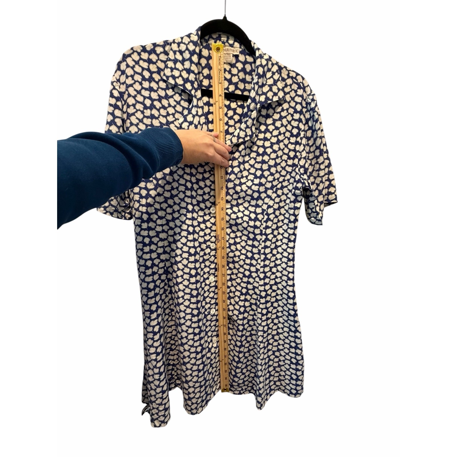 Vintage Banana Republic Blue White Clover Print Rayon Dress 90s Size L Fits M