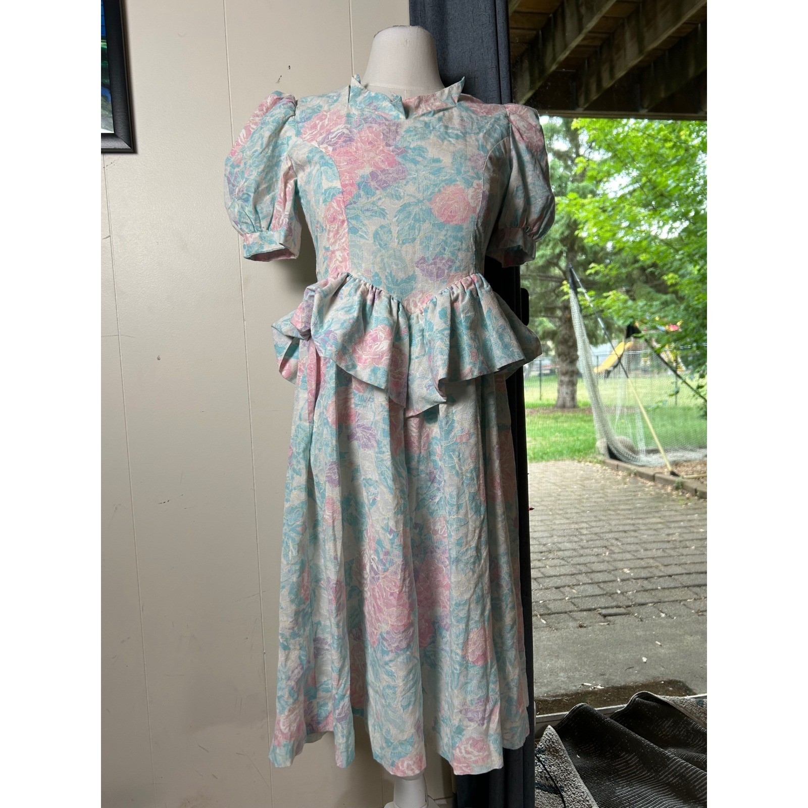 Vintage 80s Pastel Floral Peplum Midi Dress Cottagecore Tea Party Garden Prarie
