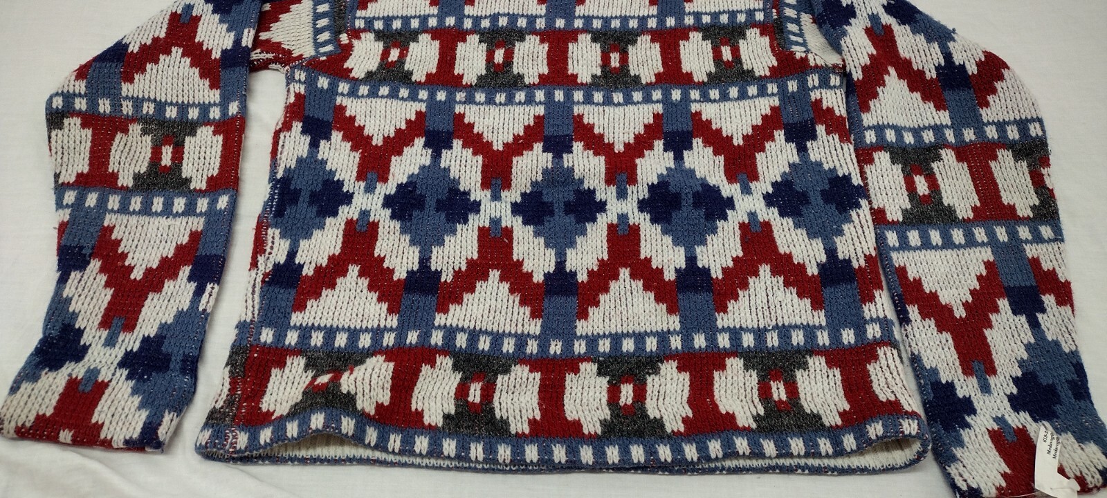 MCM Sweater Mid Century Holiday Burgundy Red White & Blues Mod Mock Neck Crew