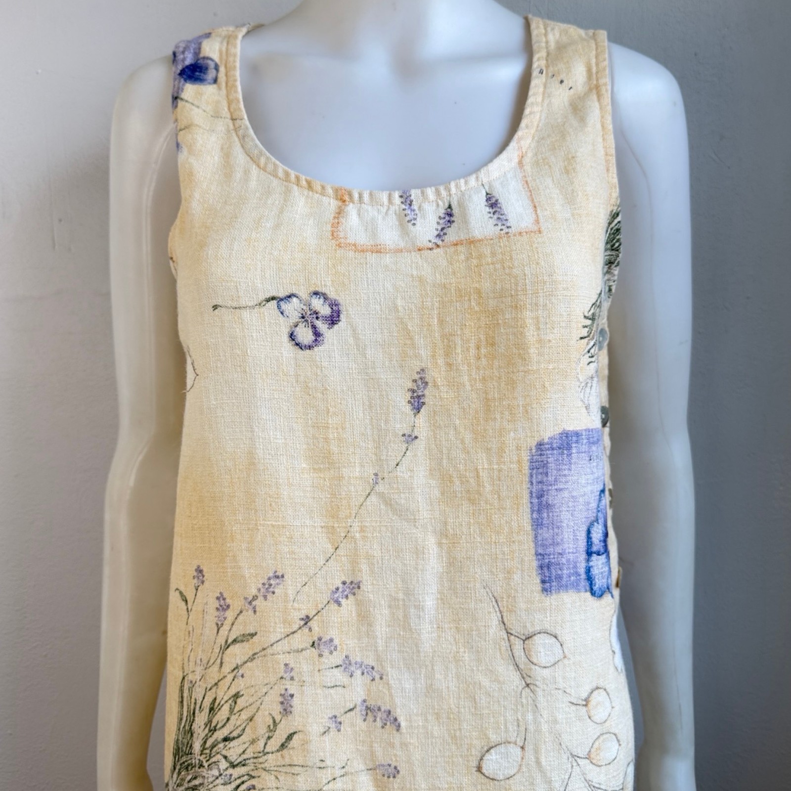 Vintage Pansy/Lavender Floral Print Linen Dress Top Set Size Medium 90s Yellow