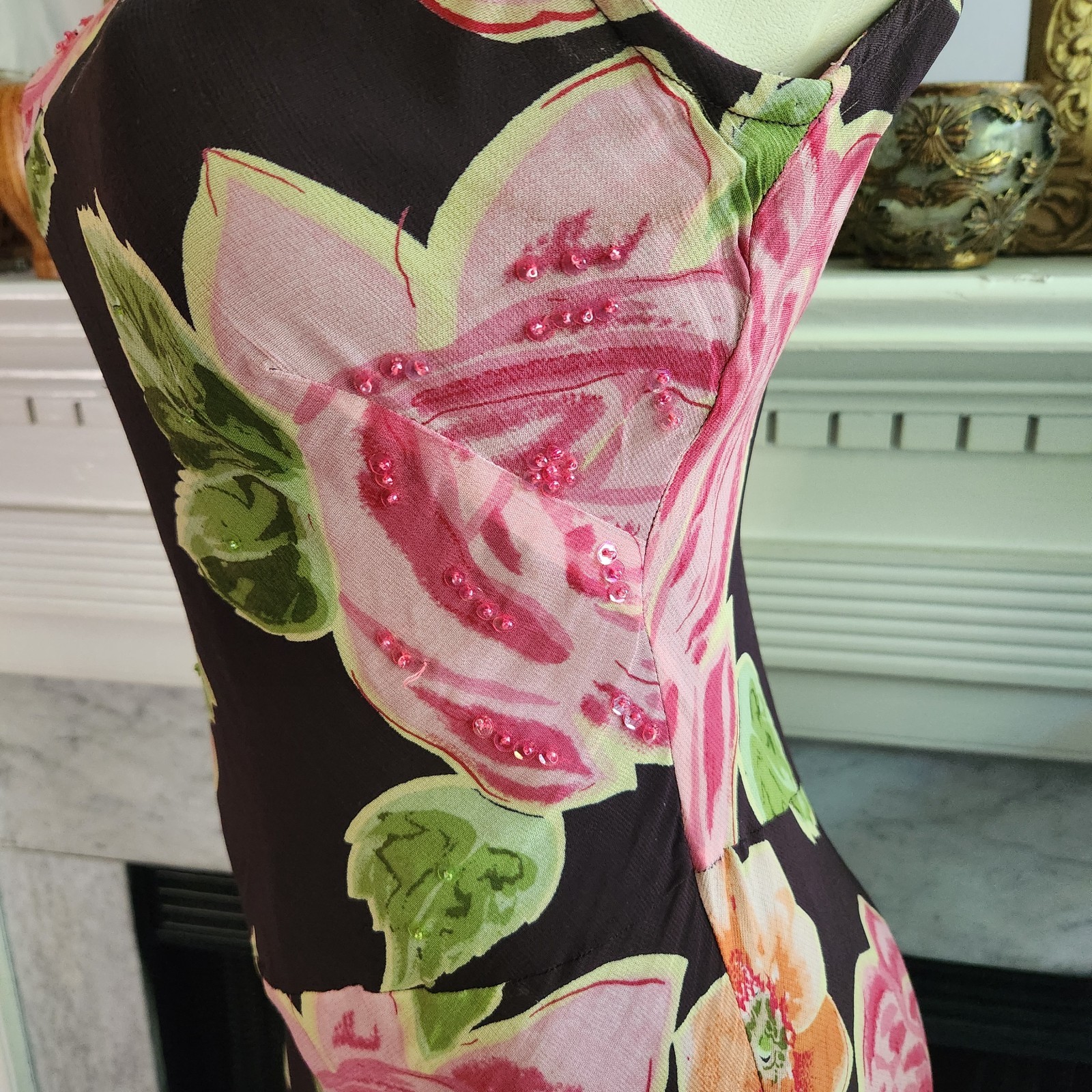 Vintage Y2K Brown Floral Tank Dress Pink Maxi Sequin Romantic Boho Size Large
