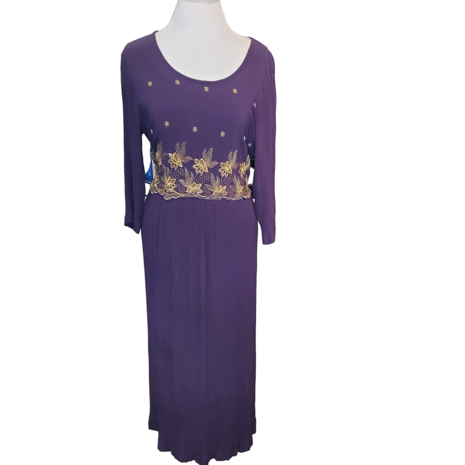 Vintage 90s Purple Empire Waist Midi Dress Gold Embroidery Crinkle Skirt XL 16