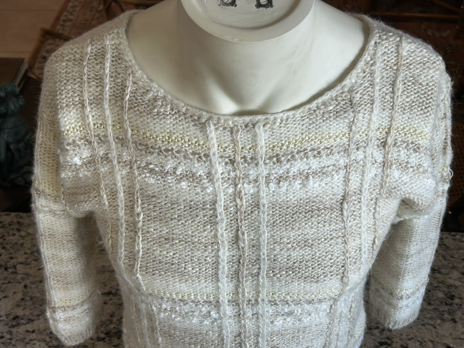 Vintage Beldoch Popper Knit Acrylic Sweater Junior L Women’s S Beige Tan White