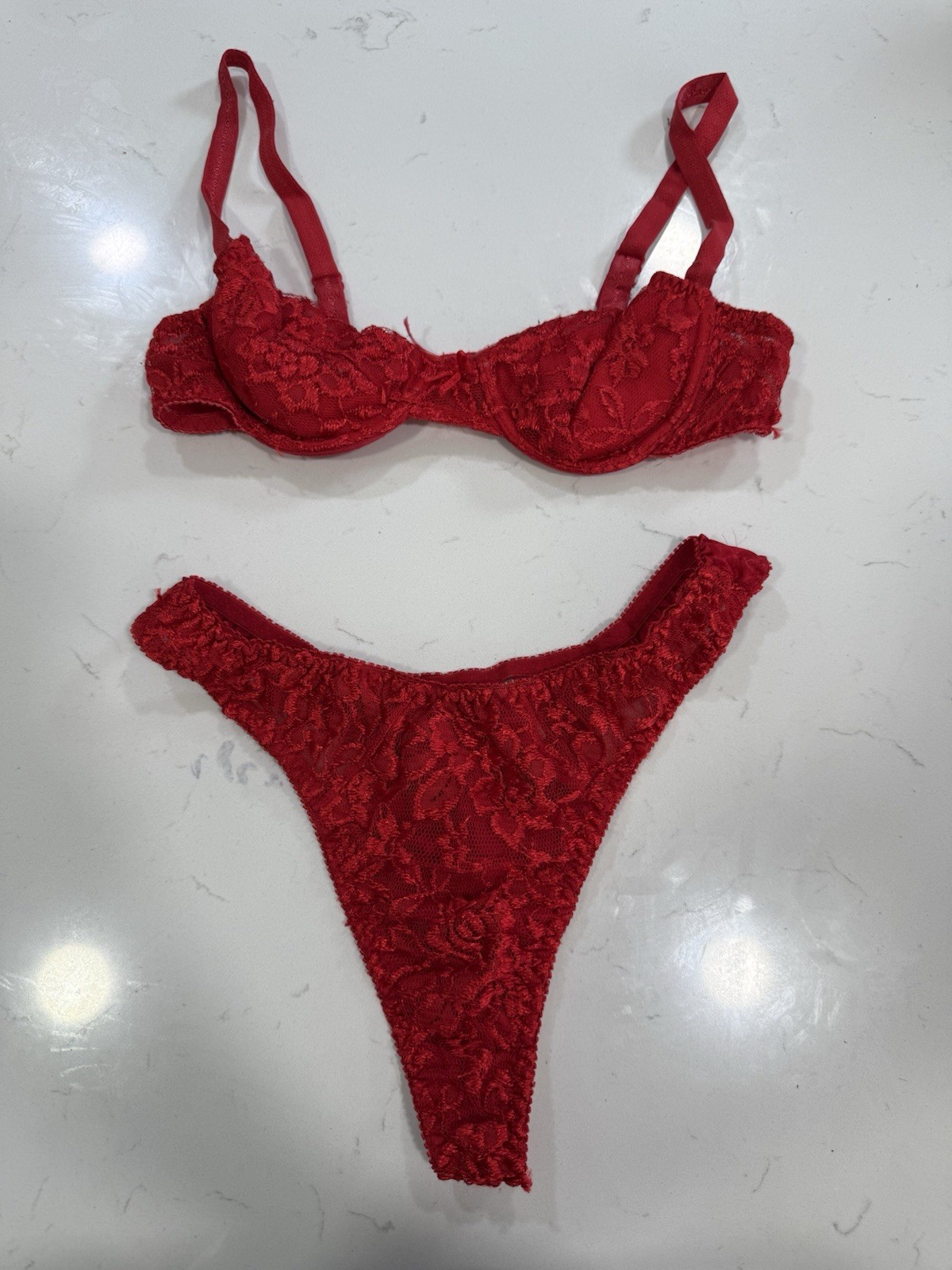 Vntg 1990s Red Lace High Cut Thong Bra Set 34B Large Pin Up Sexy Cotton Lined