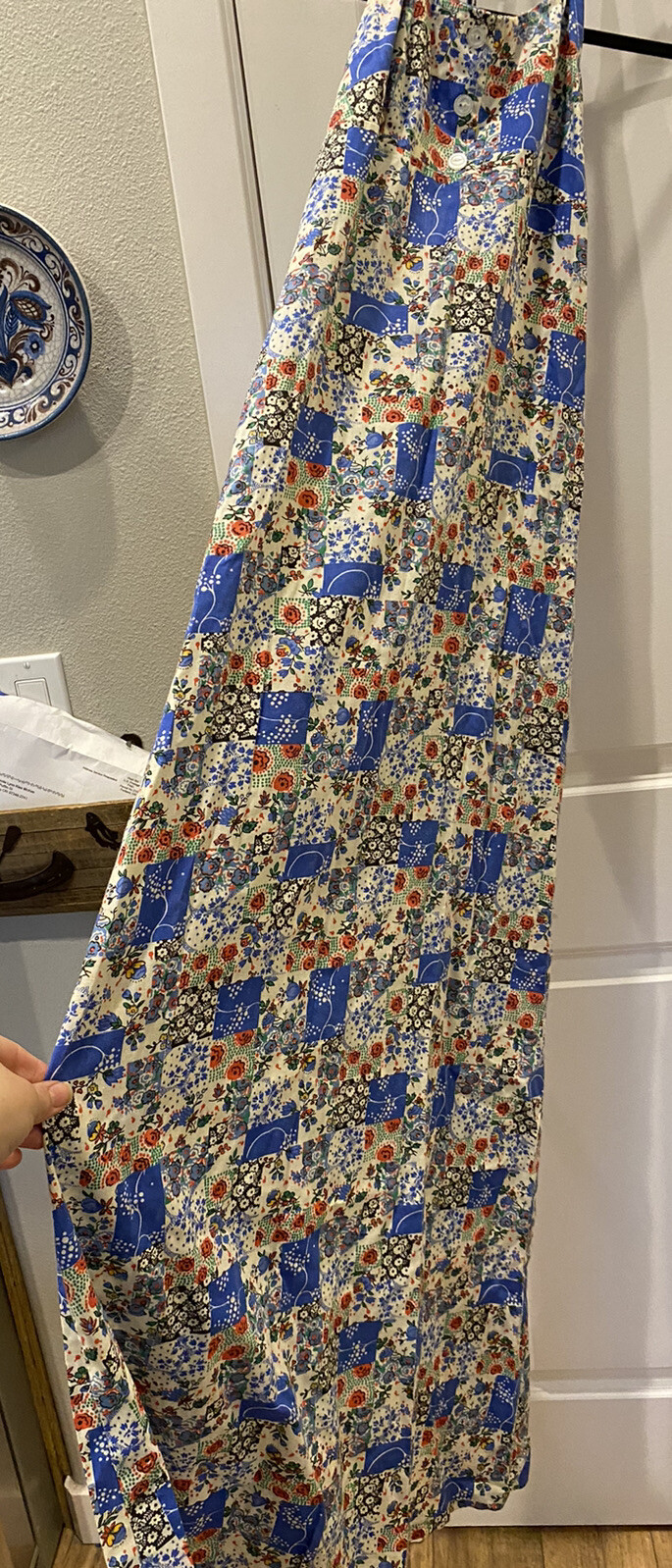 Vintage Handmade 70’s Halter Maxi Dress Patchwork blue red yellow white