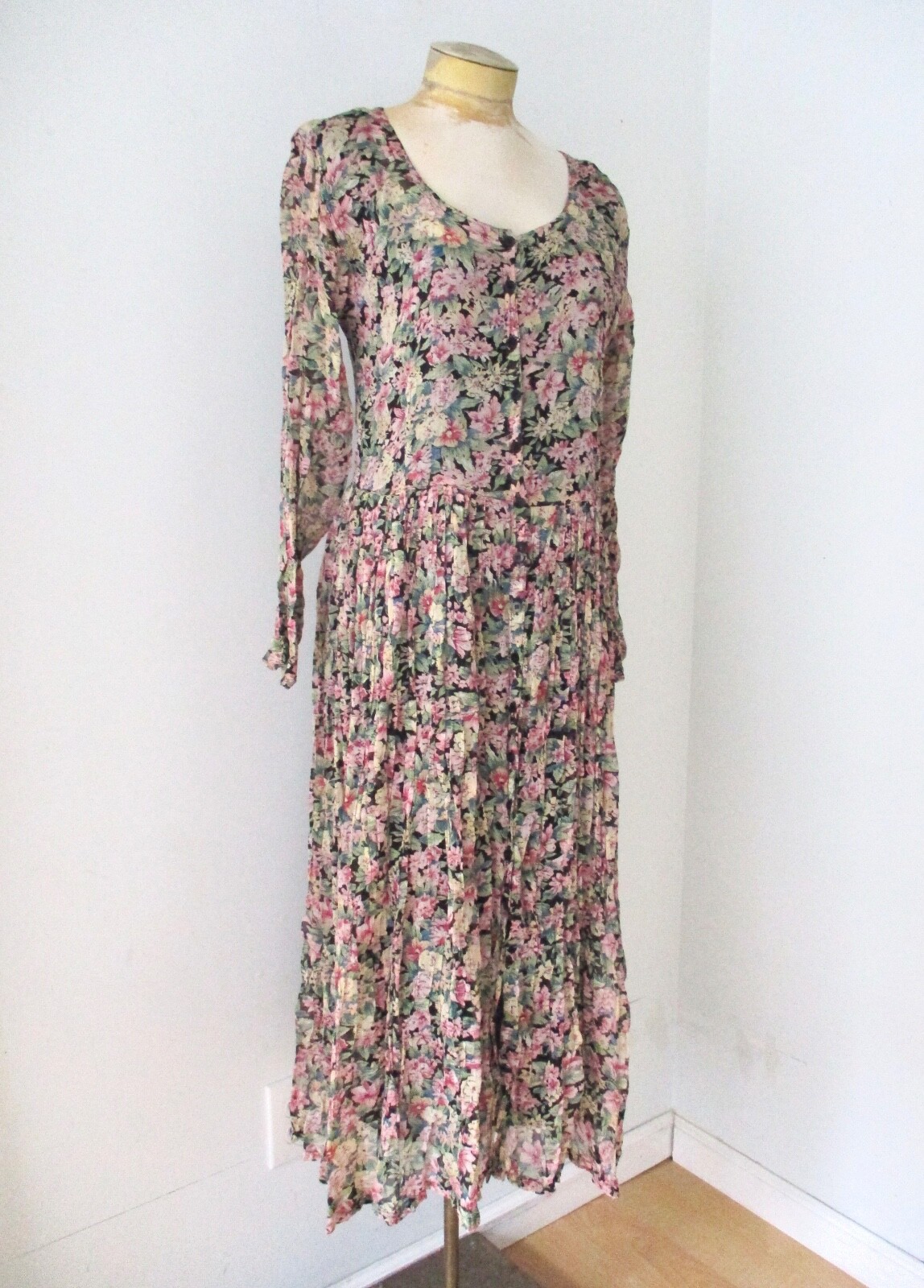 Vtg 80s black pink rayon floral garden party tea dress full skirt tank lining S