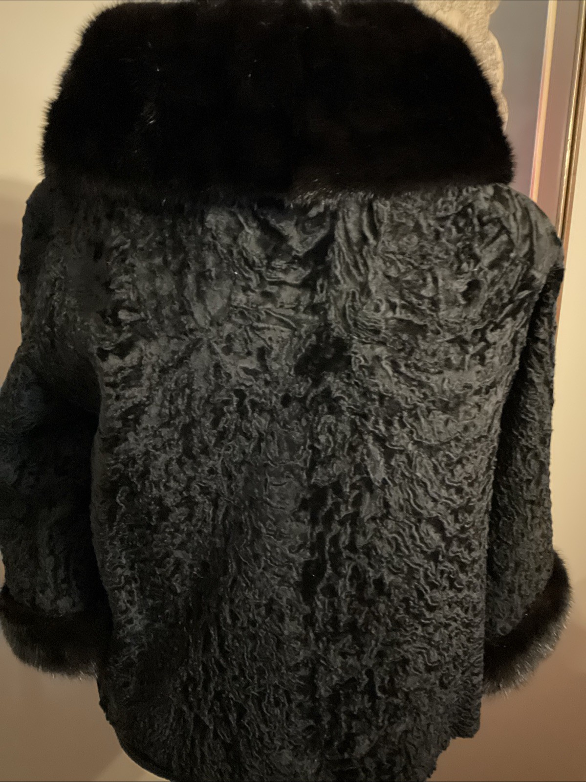 Vintage 1960s Black Curly Lamb Jacket Dark Brown Mink Collar, Black Fur Jacket