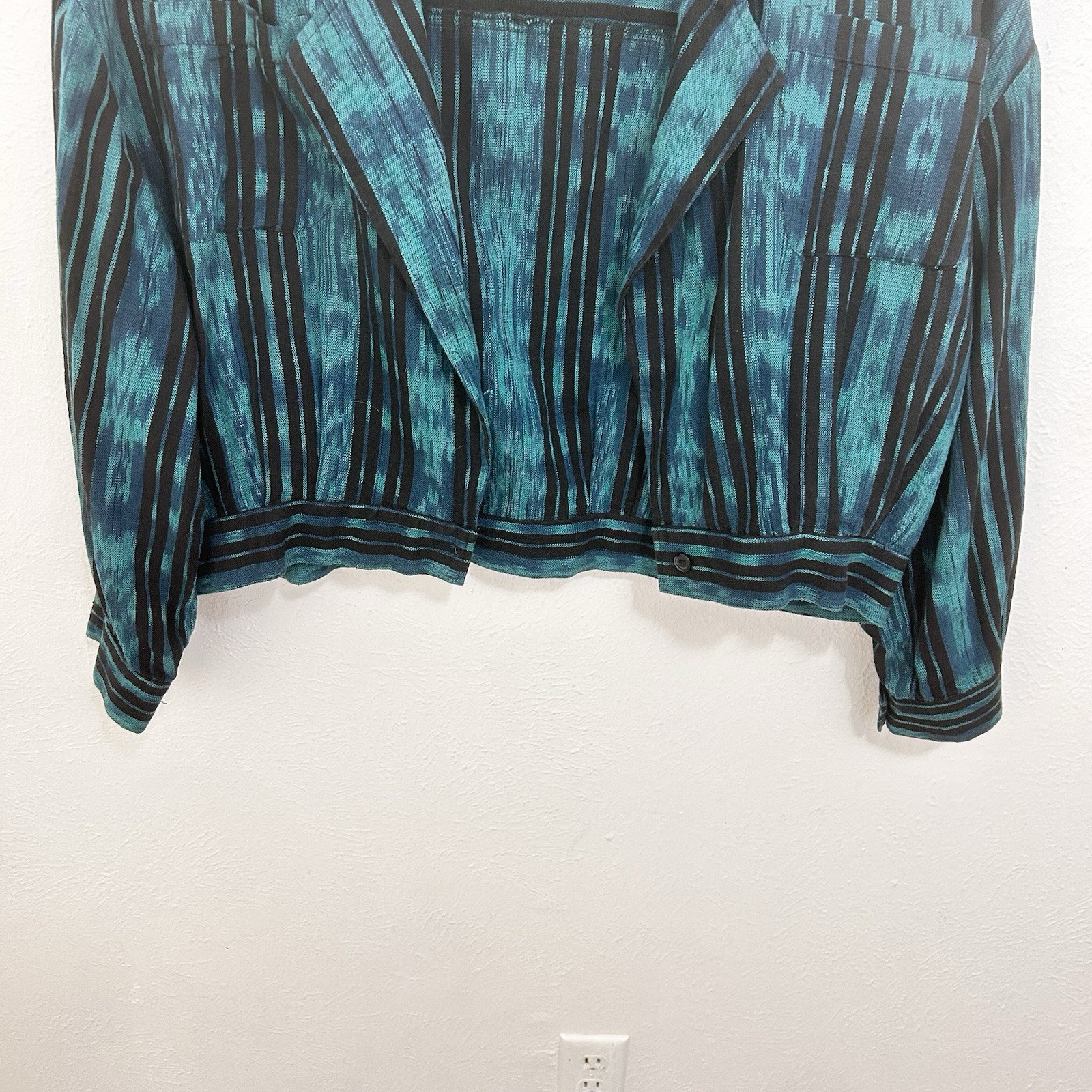 Vintage 80s Teal Blue Striped Cropped Jacket Size XL Colorful Western Southwest