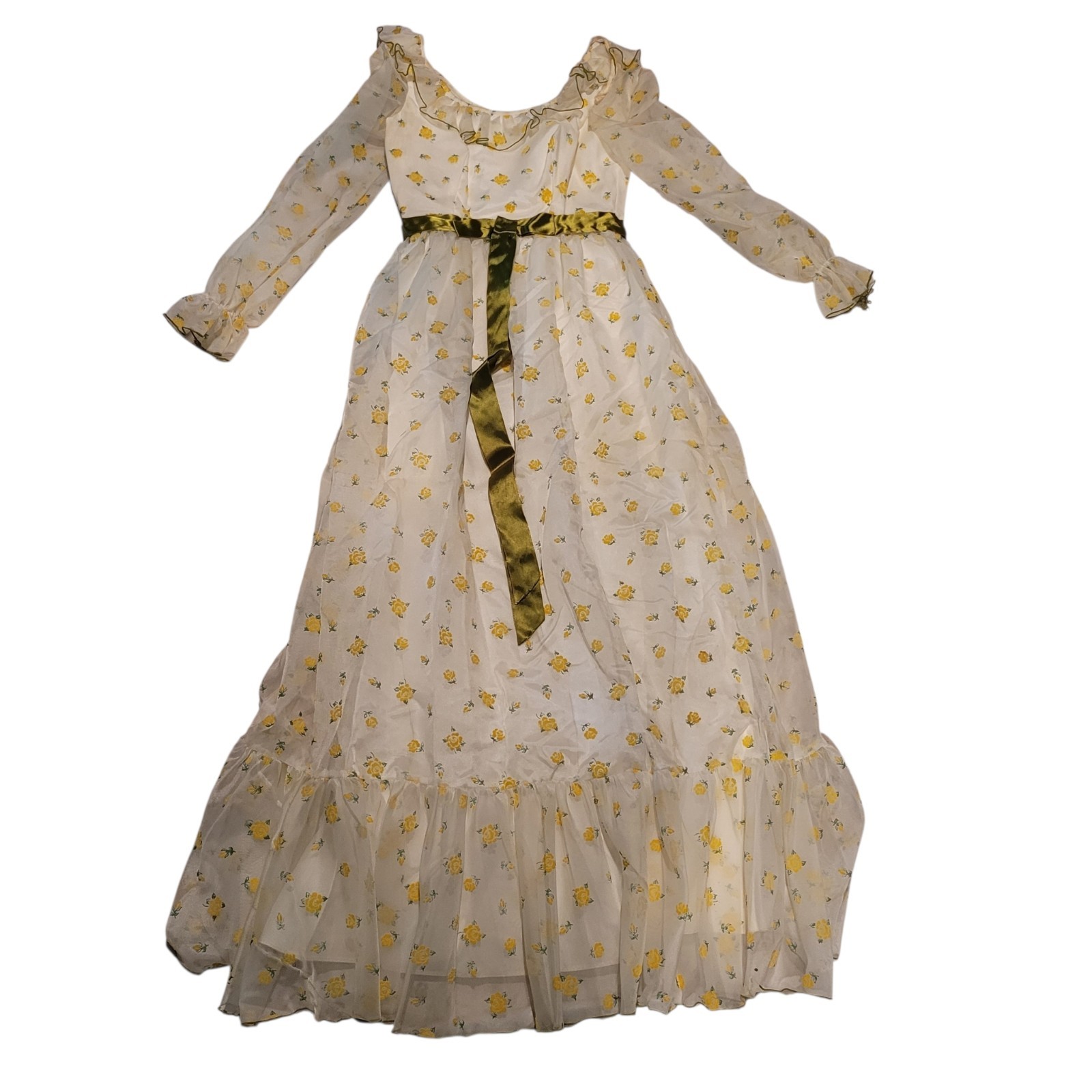 VTG white Yellow Flower Green Ruffle Boho Prairie Maxi Long Sleeve Dress 9 Prop
