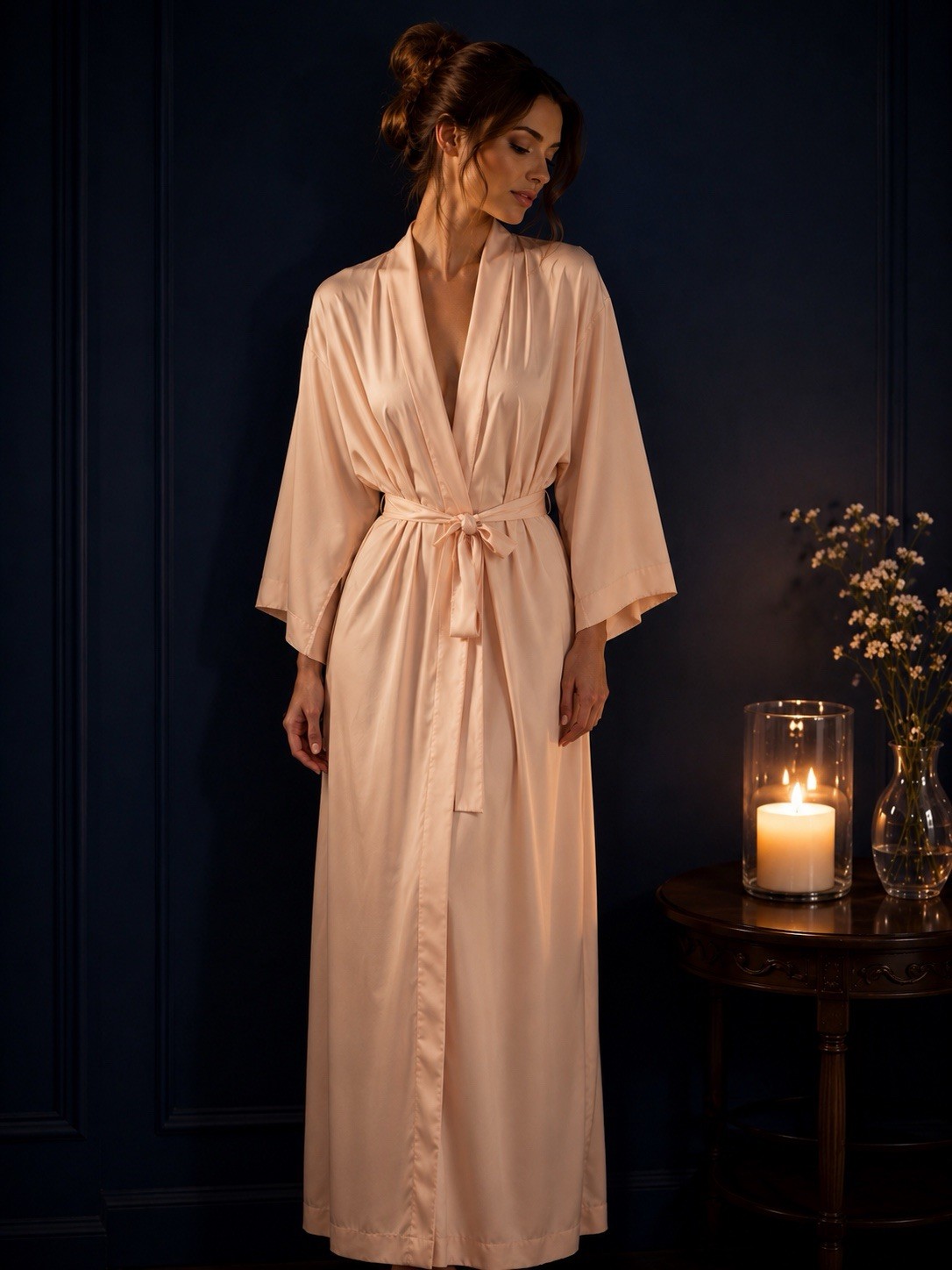 VTG Blush Pink Satin Elegant Long Lounge Robe With Kimono Sleeve Detail One Size