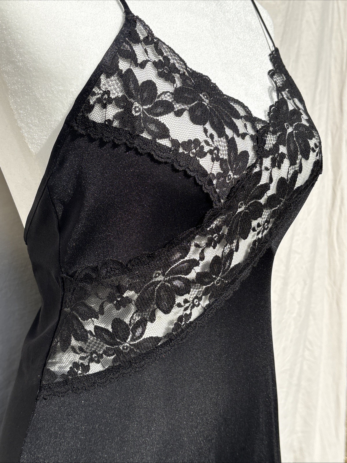 VTG 70s JCPenney Black Lace Maxi Nightgown S 8-10 Union Made USA Open Back