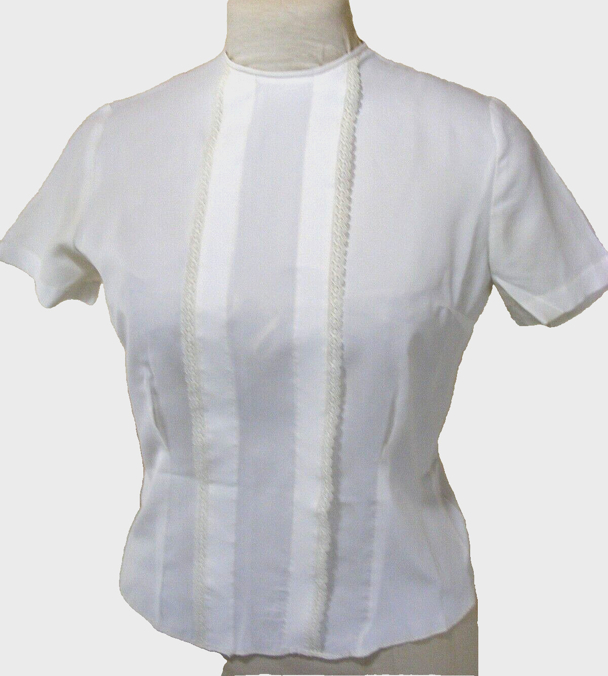 50s BLOUSE OFFICE WEAR WHITE LACE FRONT TRIM RA-MIL SZ 34 BACK BUTTON UP