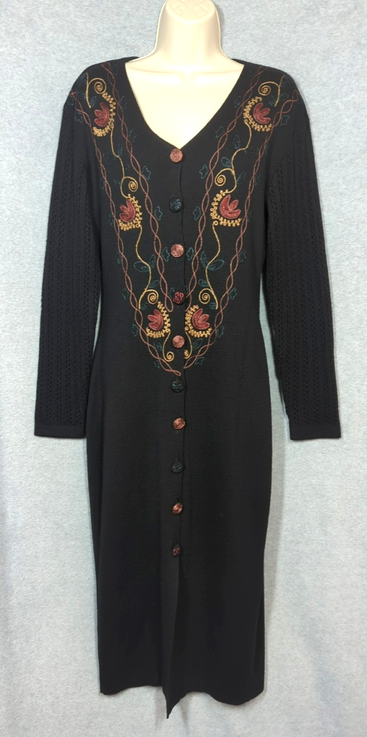 Vtg Embroidered Midi Sweater Dress M Blk Button Up Art to Wear Boho Chic Stylish