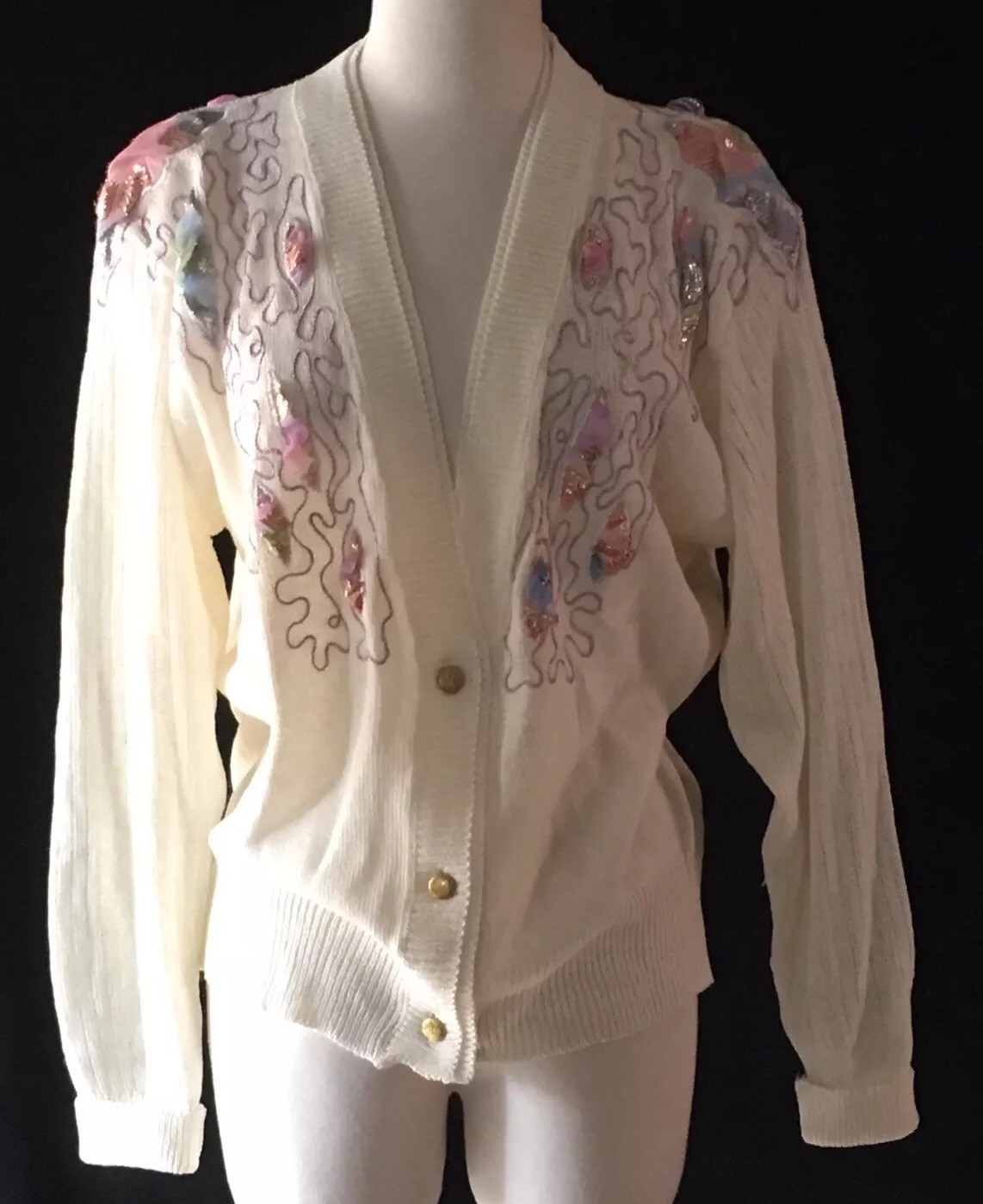 Vintage 1980’s Sweater Cardigan V Neck White Pink Lavender RIBBON PUFFS Japan