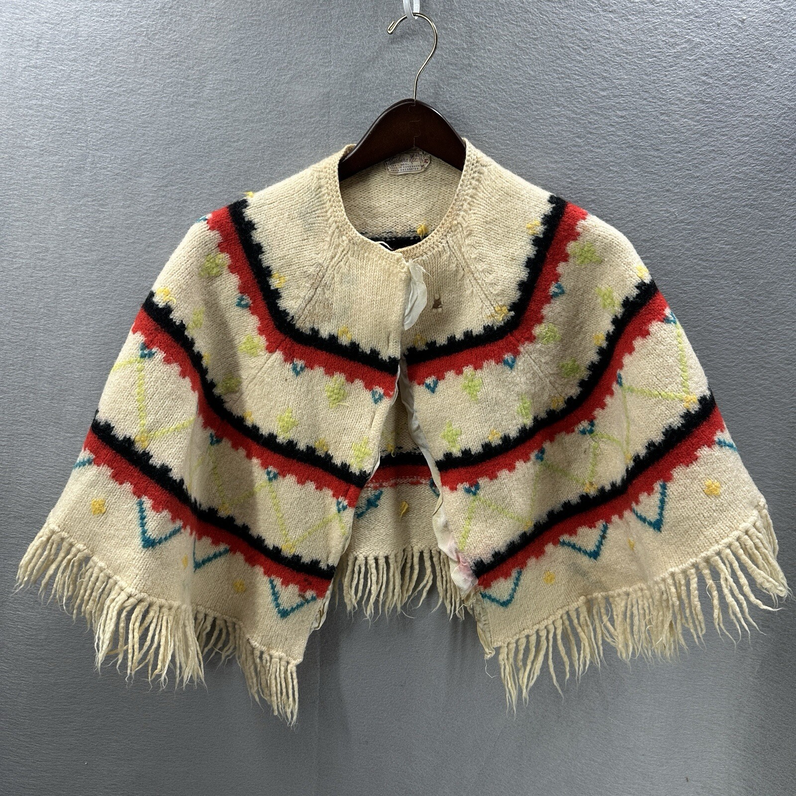 Vintage Barbara Lee Fringed Cape Shawl Poncho Aztec Wool Womens M Native READ