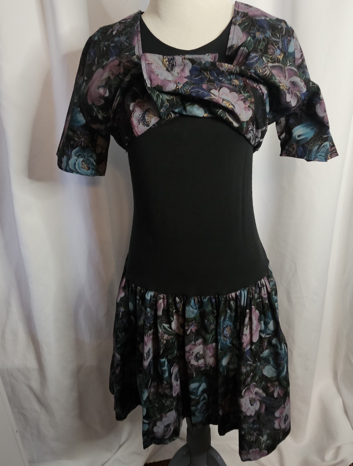 Vintage 80s Glenfrey Fashions Purple Floral Mini Dress 2 Piece Look Sz 7/8