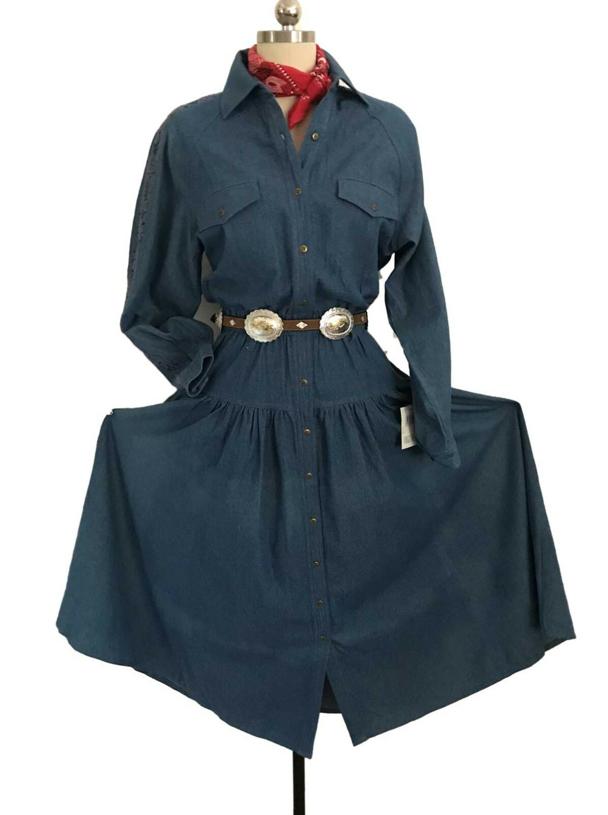 Vtg 80s Cowgirl Dress TOGETHER! Denim Button Front Lace Insert Wide Sweep tag 8