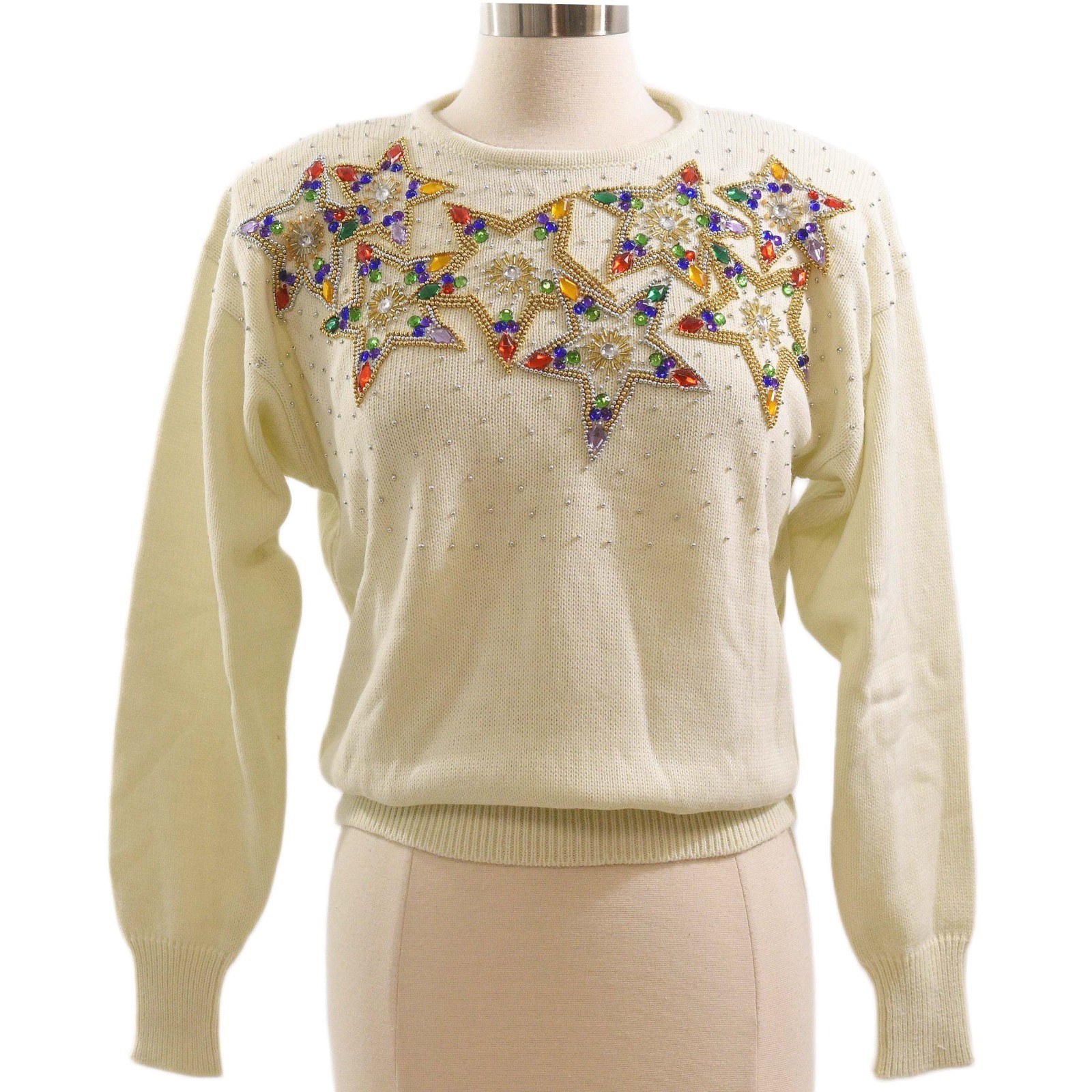 70s Vintage Embellished Star Print Sweater Womens M Rainbow Glam Keyhole Holiday