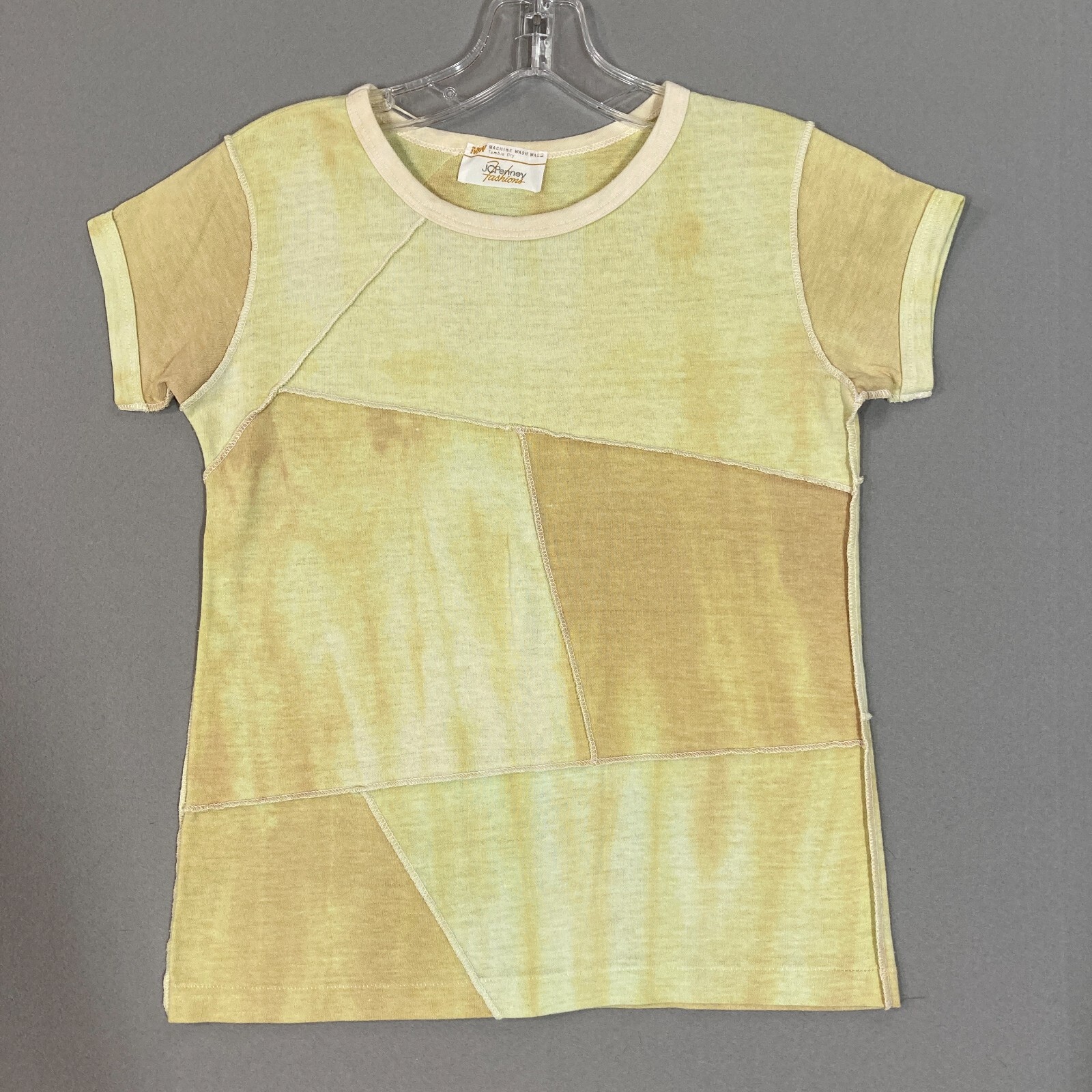 Vtg 70s Womens T Shirt Patchwork Hippy Short Sleeve Tie Dye Yellow Single Stitch